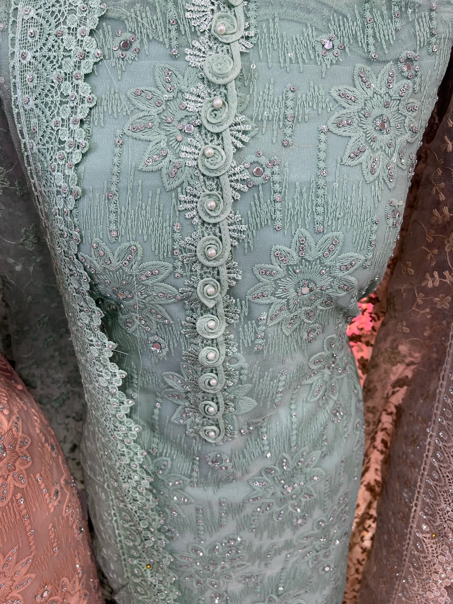 Party‑Wear Net Suits with Lace & Thread‑Embroidered Dupatta