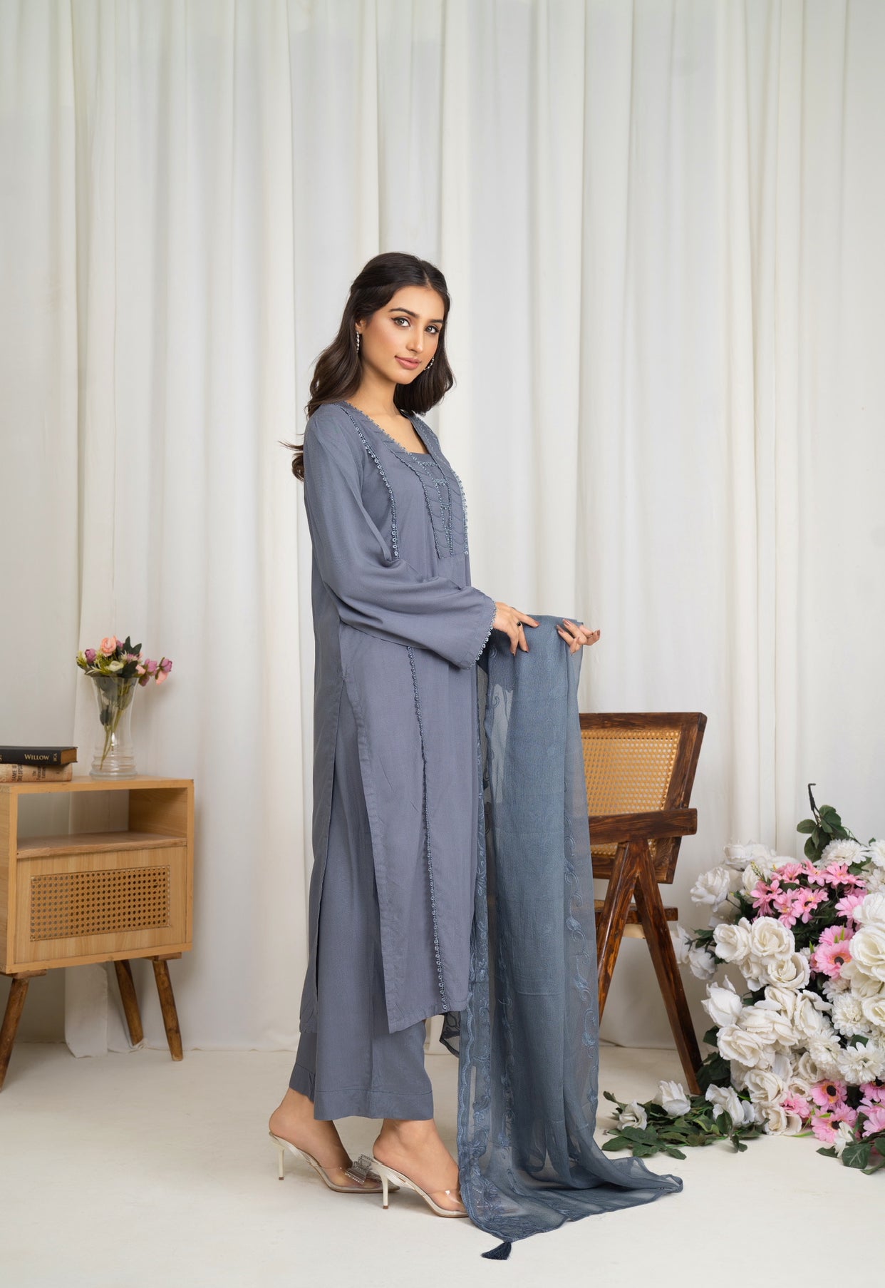 Modest-wear Linen with Multani Embroidered Chiffon Duptha Silver