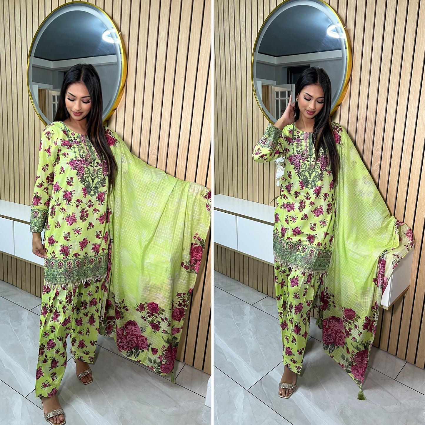 Farashy Shalwar Iznik Inspired Summer/Spring Lawn- Neon Green Floral