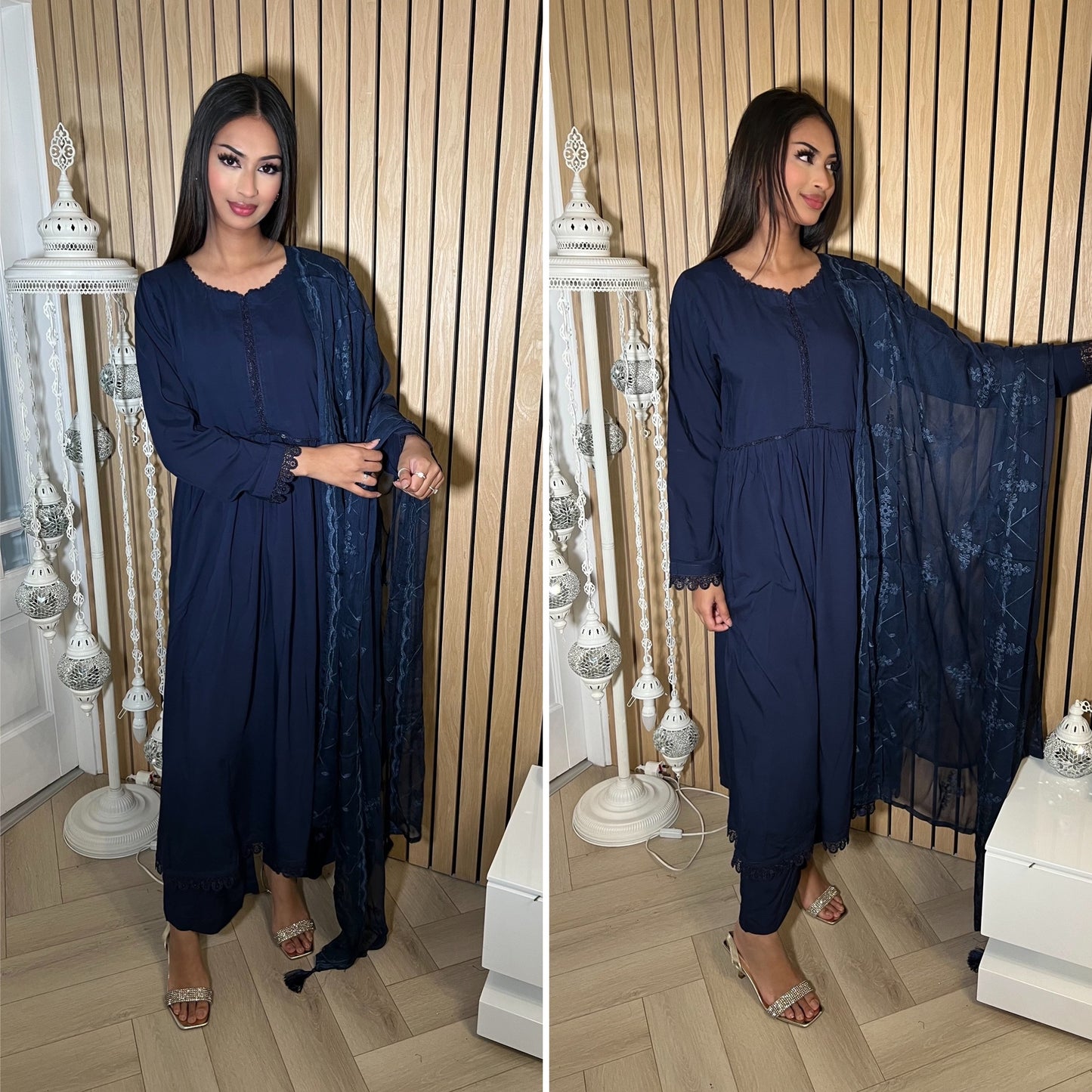 Modest-wear Linen with Multani Embroidered Chiffon Duptha Navy