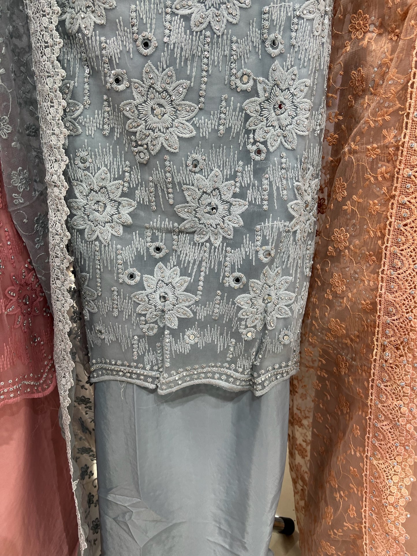 Party‑Wear Net Suits with Lace & Thread‑Embroidered Dupatta