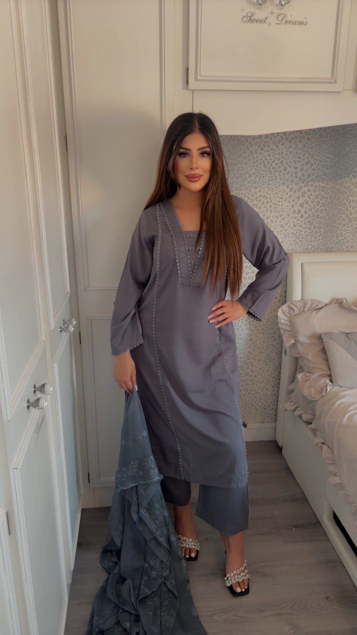 Modest-wear Linen with Multani Embroidered Chiffon Duptha Silver