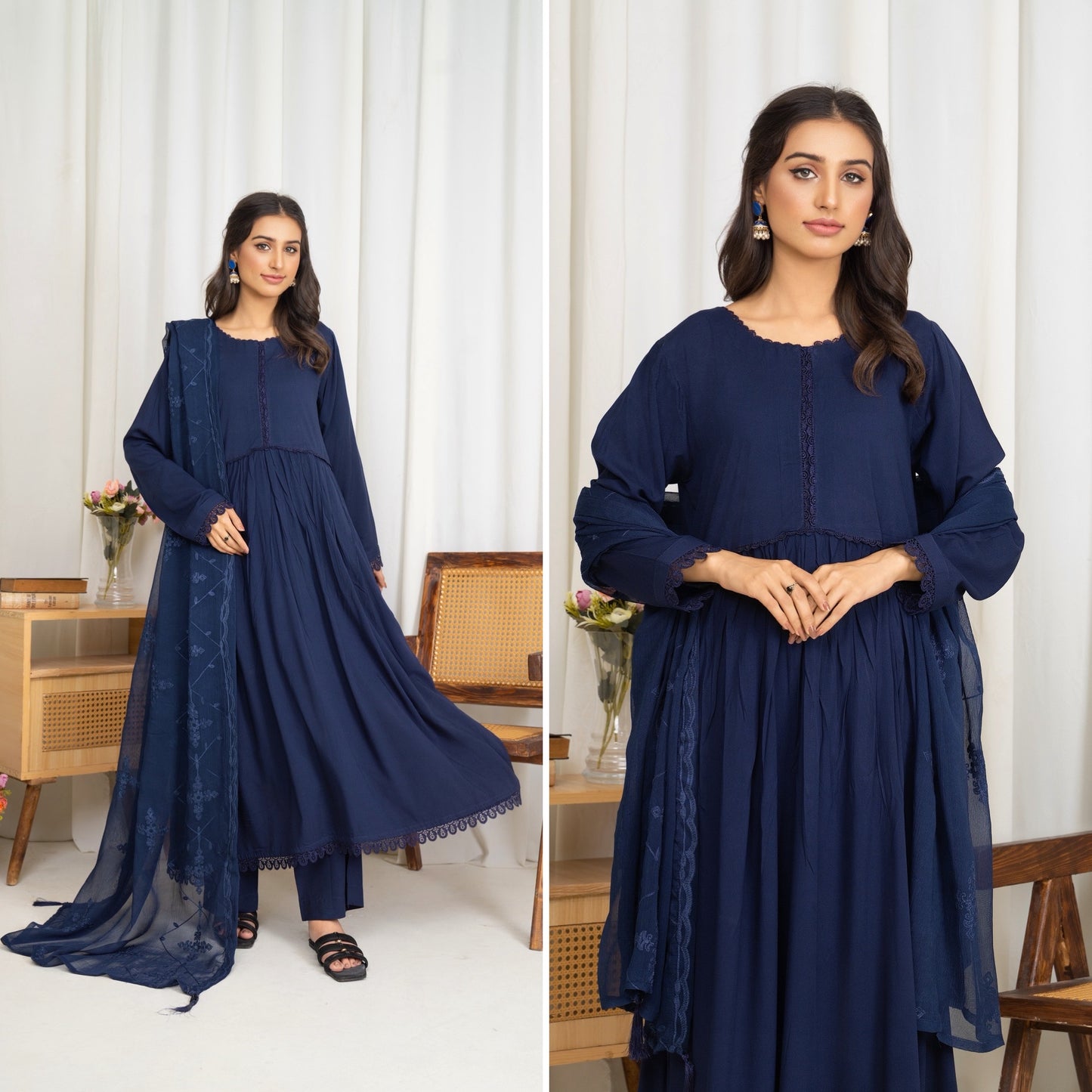 Modest-wear Linen with Multani Embroidered Chiffon Duptha Navy