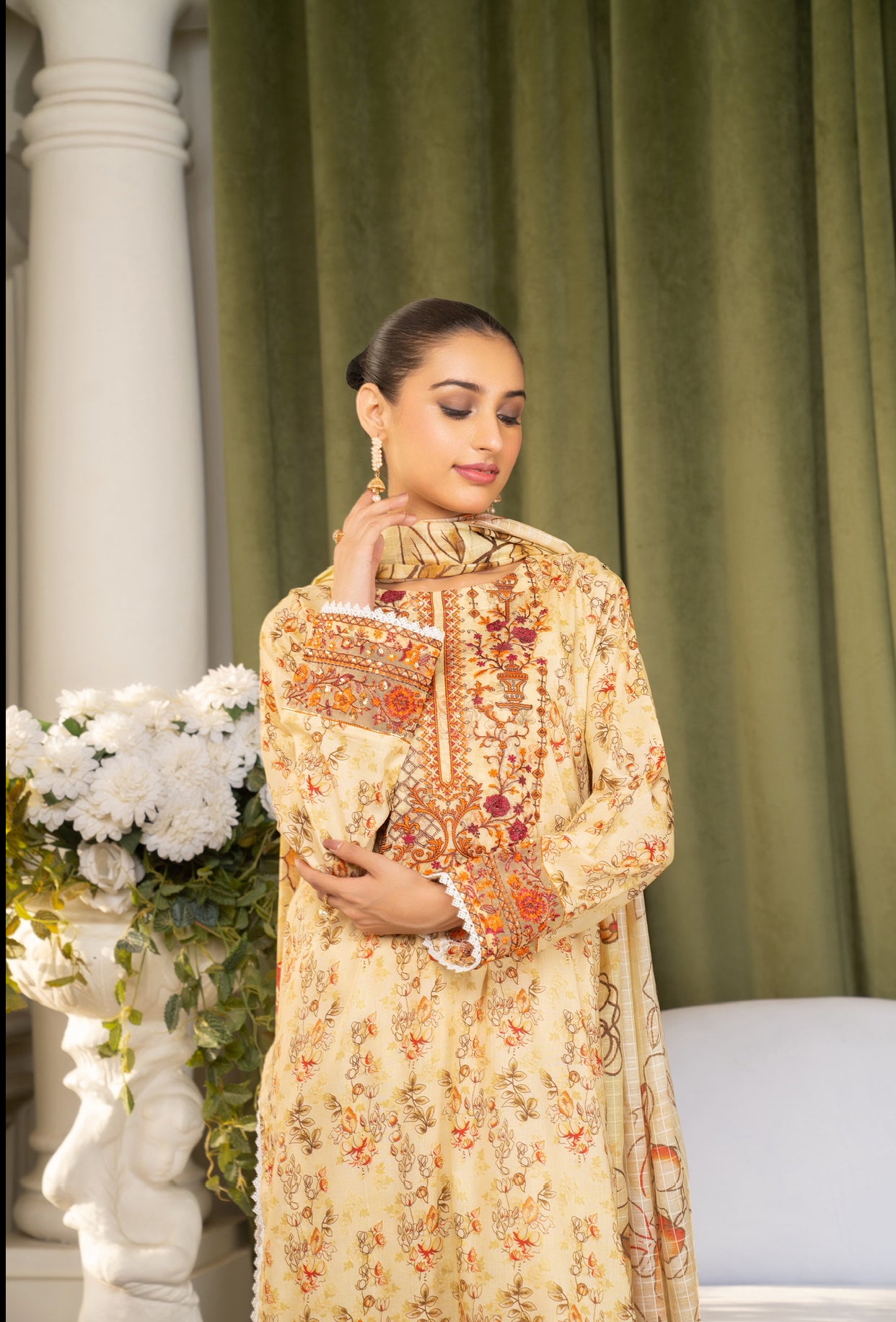 Iznik Inspired Summer/Spring Lawn- Golden Yellow Floral