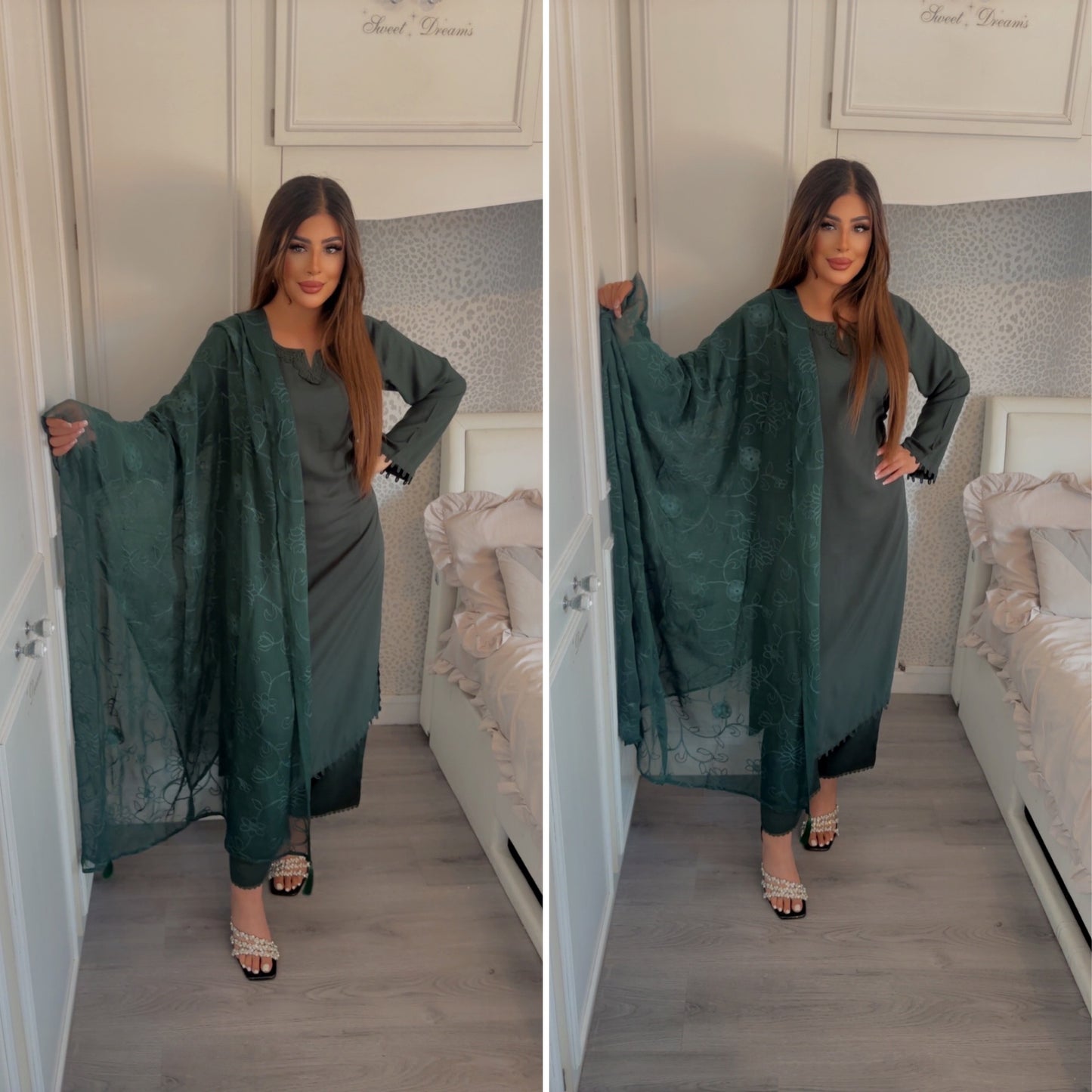 Modest-wear Linen with Multani Embroidered Chiffon Duptha Emerald Green