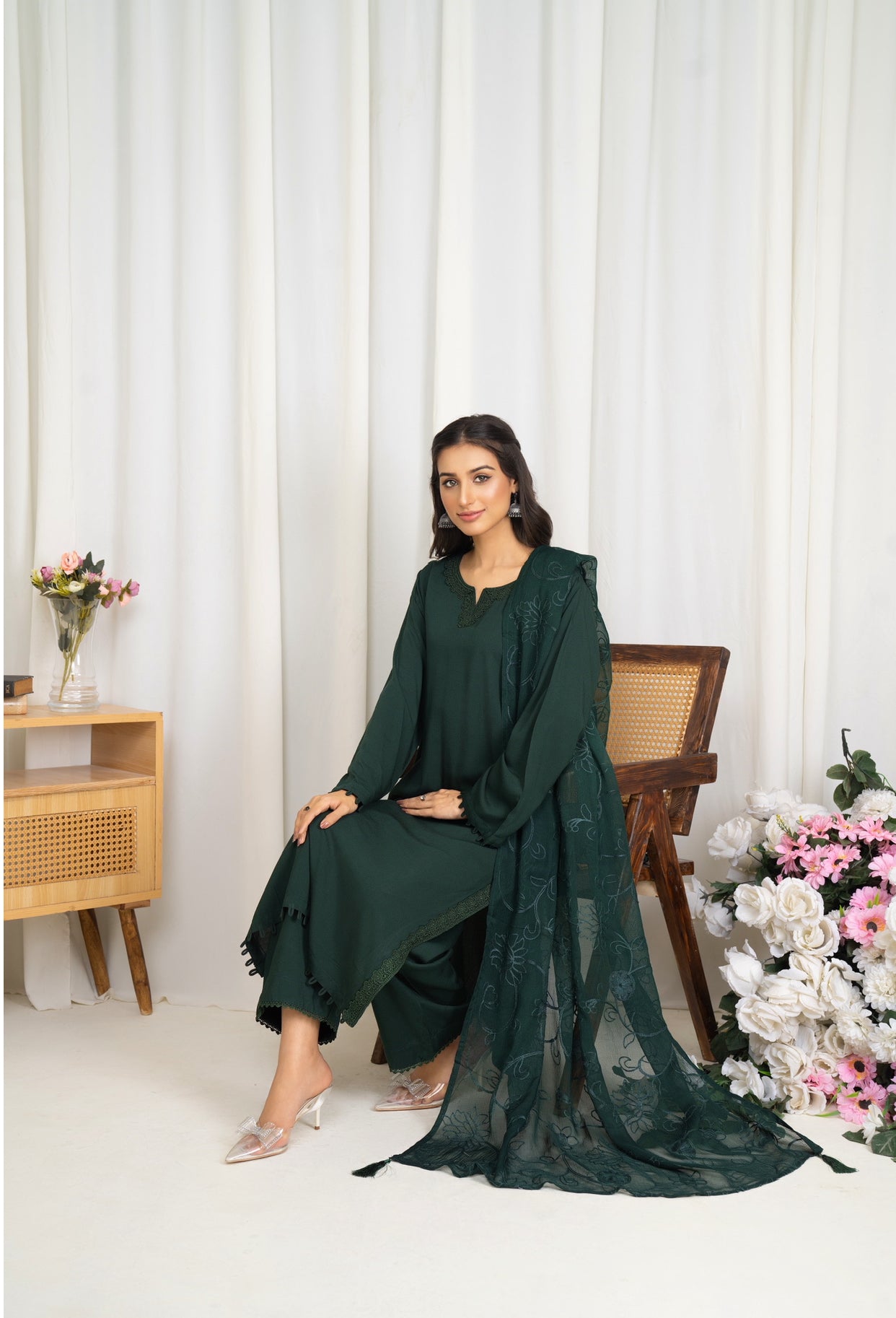 Modest-wear Linen with Multani Embroidered Chiffon Duptha Emerald Green