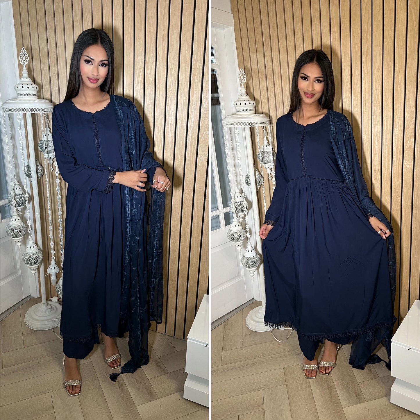 Modest-wear Linen with Multani Embroidered Chiffon Duptha Navy