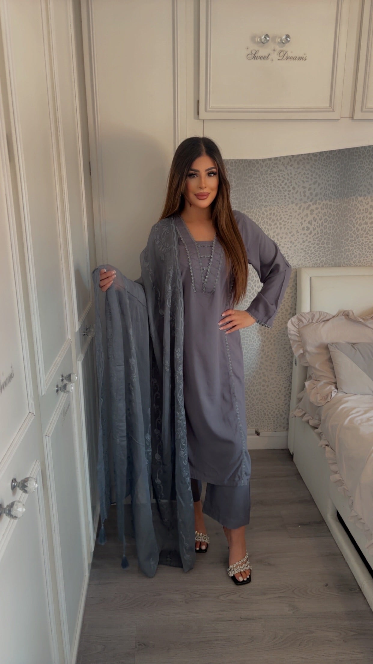 Modest-wear Linen with Multani Embroidered Chiffon Duptha Silver