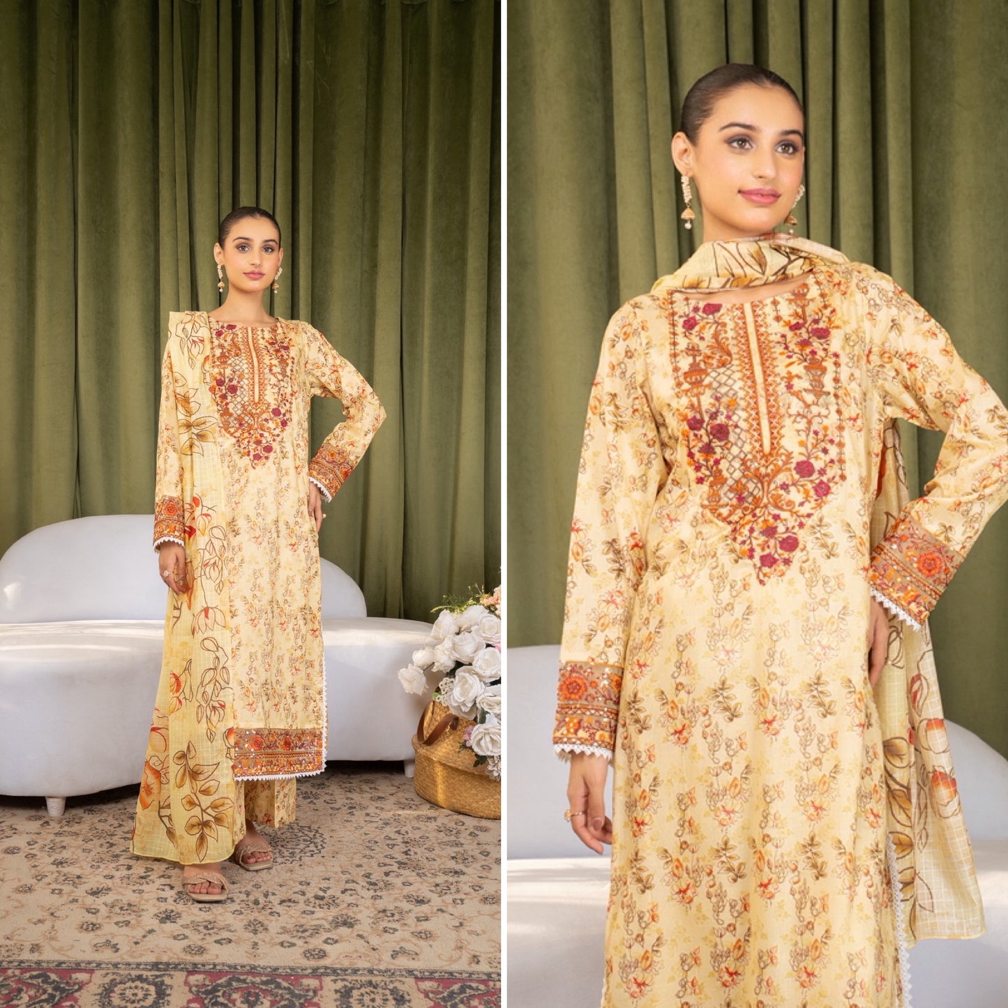 Iznik Inspired Summer/Spring Lawn- Golden Yellow Floral