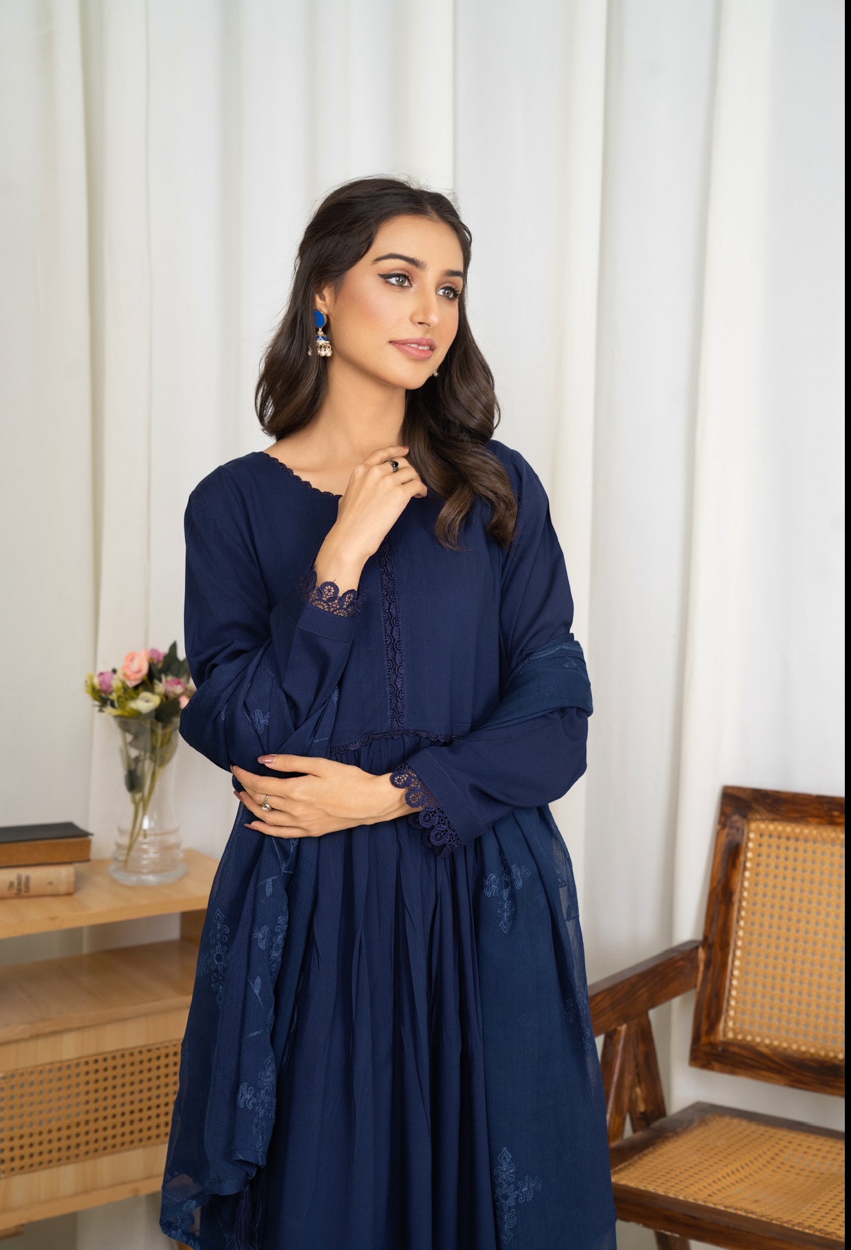 Modest-wear Linen with Multani Embroidered Chiffon Duptha Navy