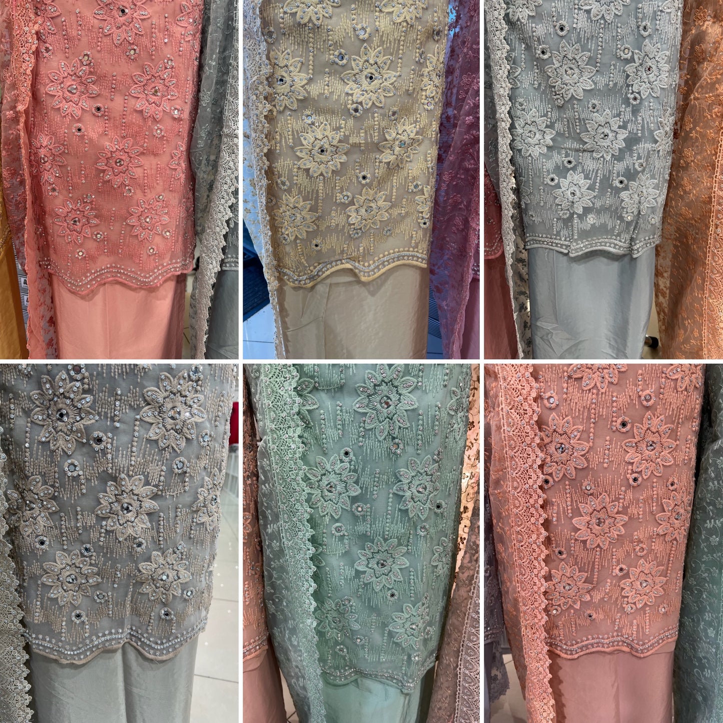 Party‑Wear Net Suits with Lace & Thread‑Embroidered Dupatta