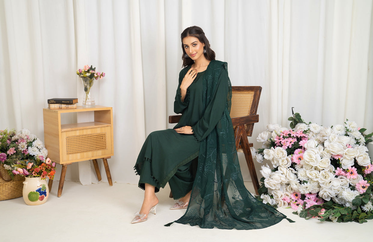 Modest-wear Linen with Multani Embroidered Chiffon Duptha Emerald Green