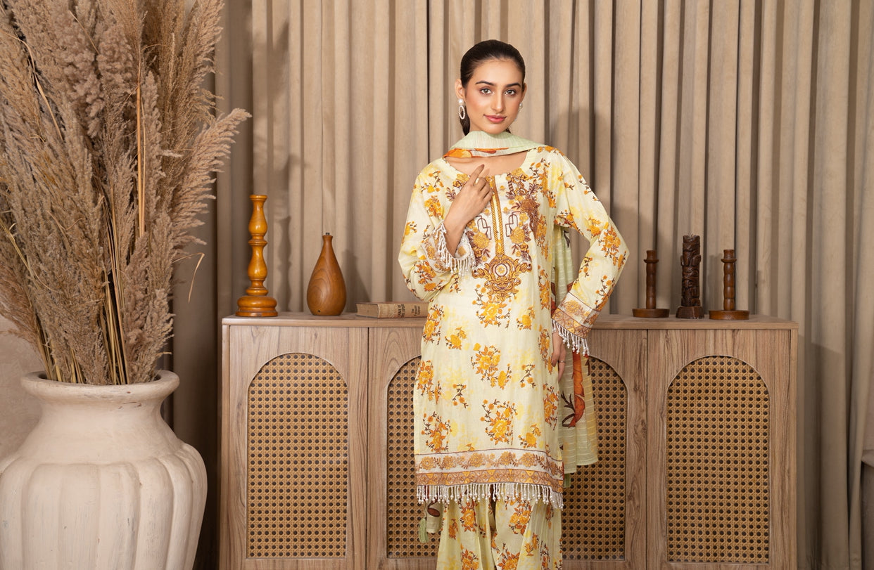 Farashy Shalwar Iznik Inspired Summer/Spring Lawn- Buttermilk Yellow Floral