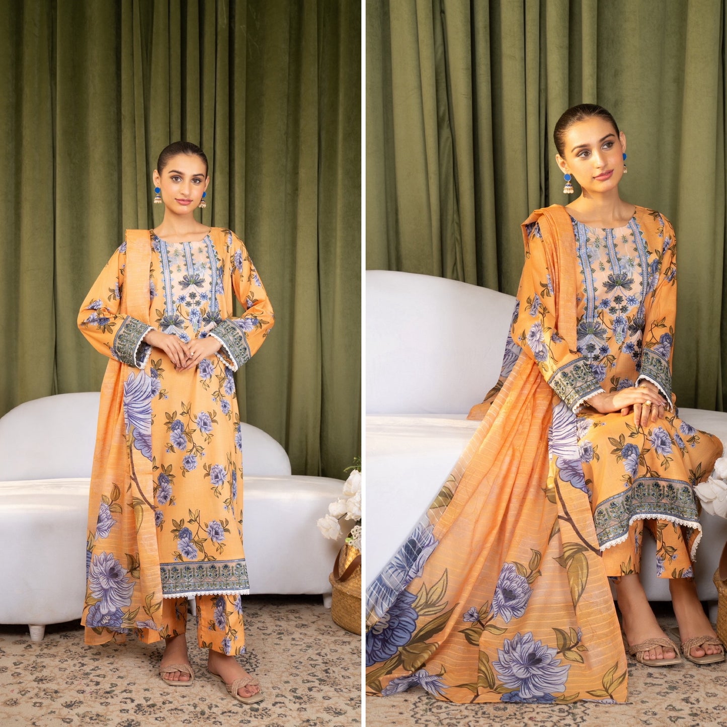 Iznik Inspired Summer/Spring Lawn- Peach Havana Floral