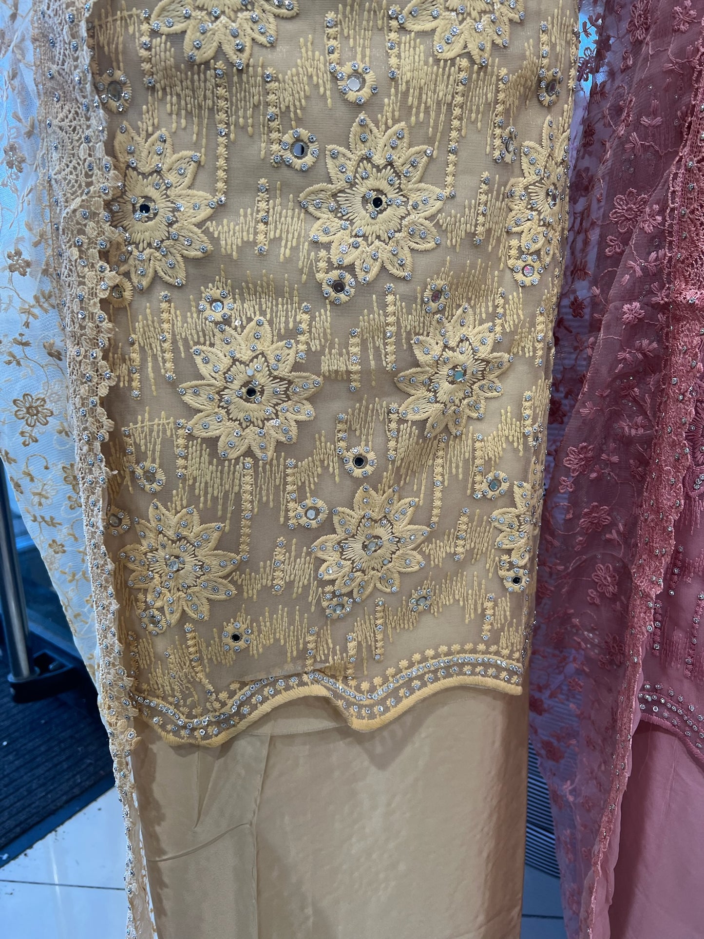 Party‑Wear Net Suits with Lace & Thread‑Embroidered Dupatta