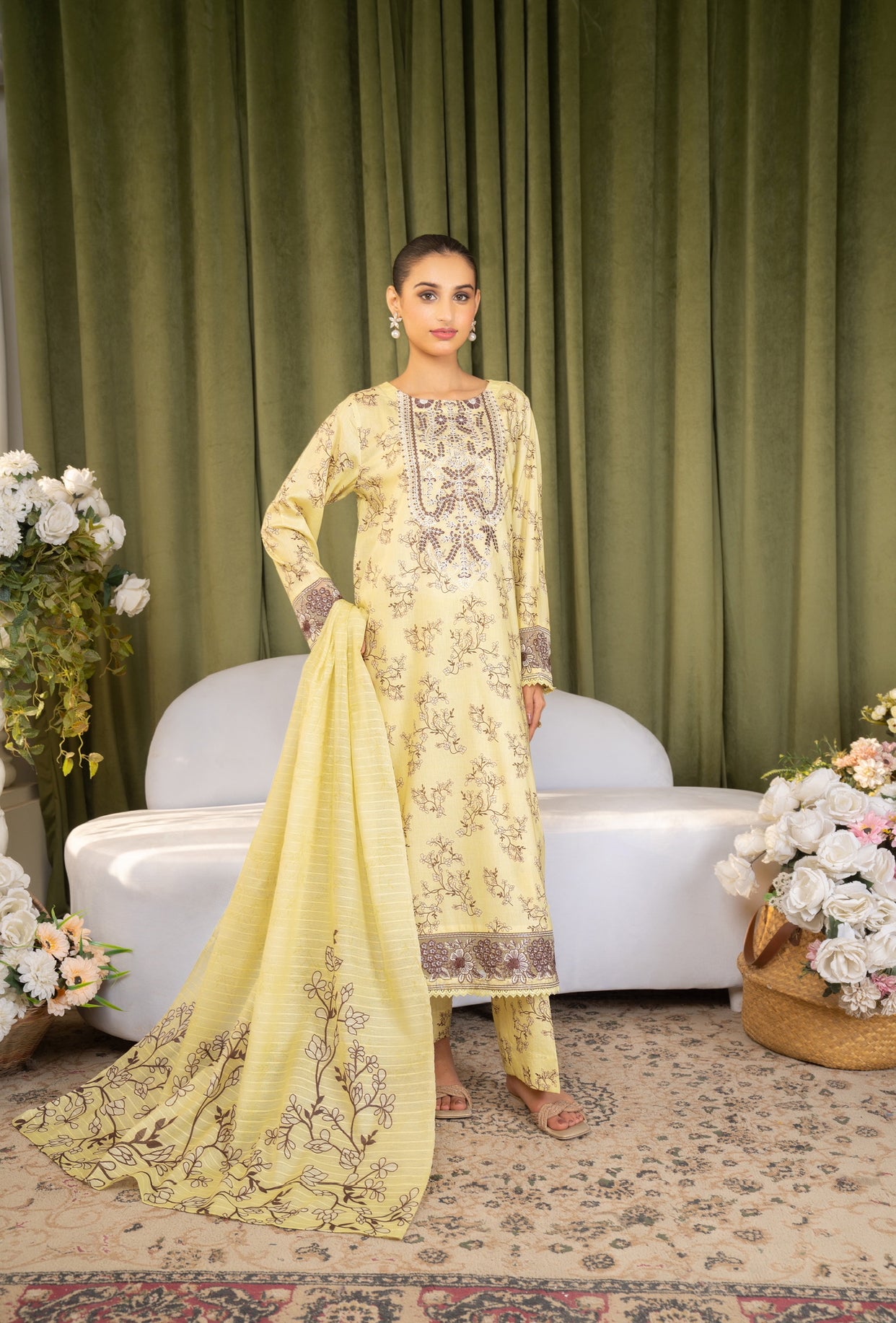 Iznik Inspired Summer/Spring Lawn- Lime Yellow Floral