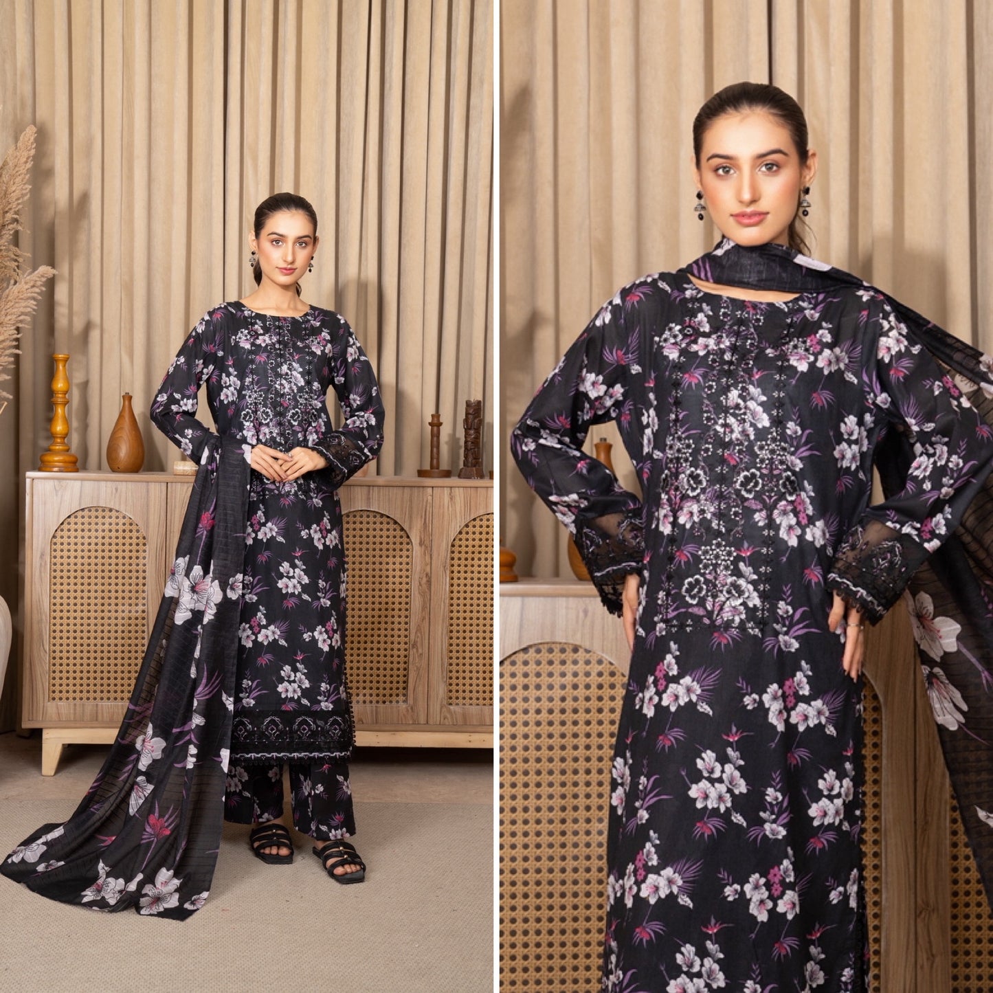 Iznik Inspired Summer/Spring Lawn- Black Floral