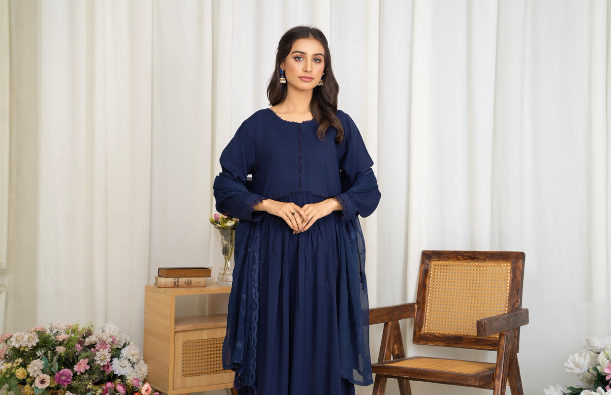 Modest-wear Linen with Multani Embroidered Chiffon Duptha Navy