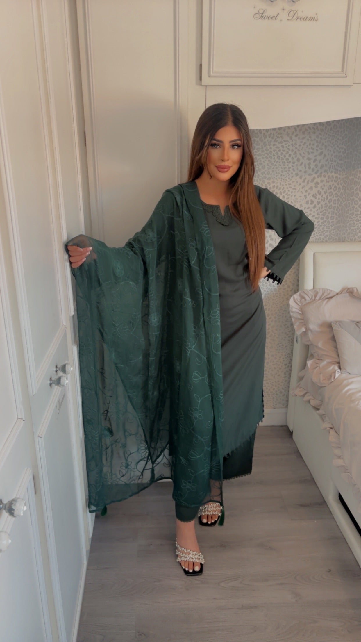 Modest-wear Linen with Multani Embroidered Chiffon Duptha Emerald Green