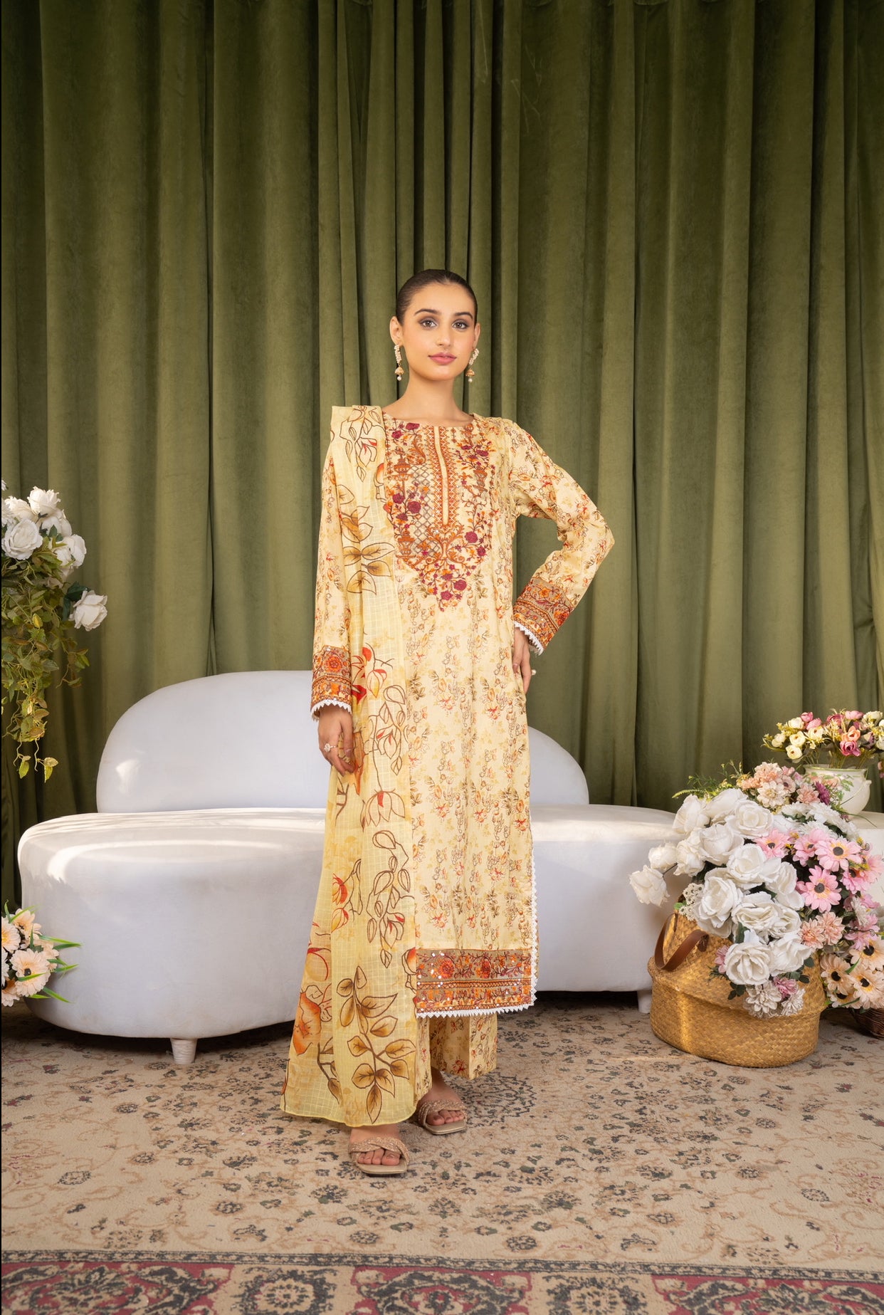 Iznik Inspired Summer/Spring Lawn- Golden Yellow Floral