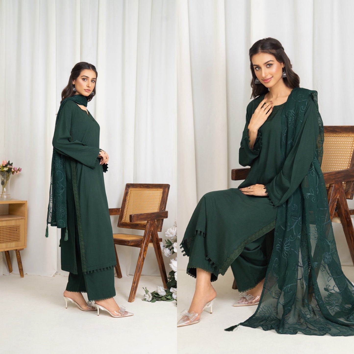 Modest-wear Linen with Multani Embroidered Chiffon Duptha Emerald Green