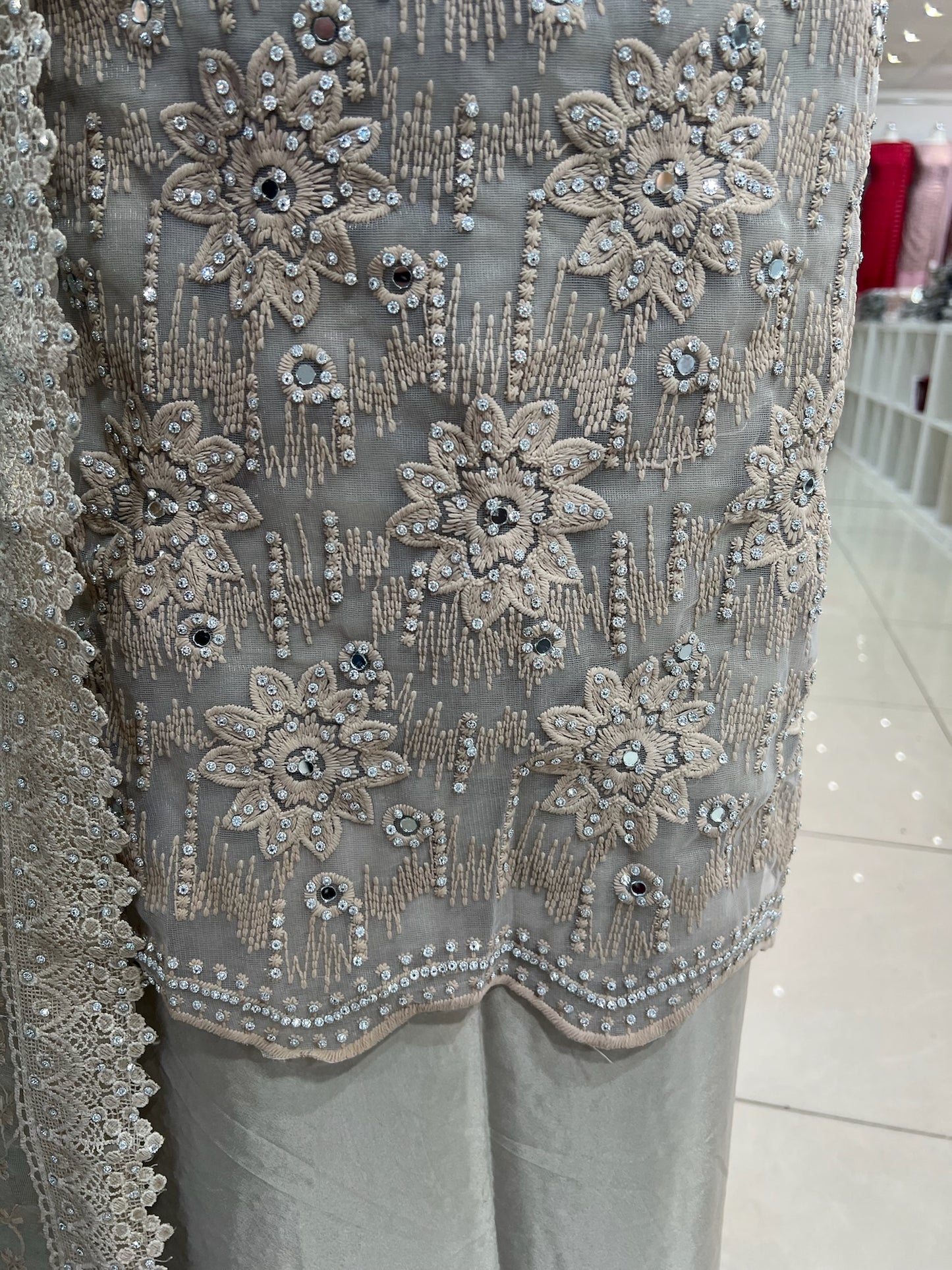 Party‑Wear Net Suits with Lace & Thread‑Embroidered Dupatta