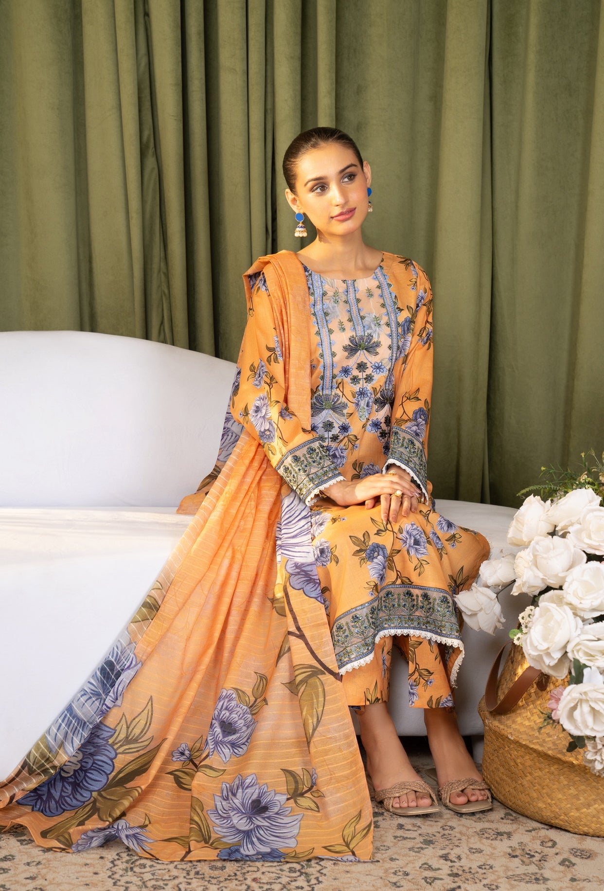 Iznik Inspired Summer/Spring Lawn- Peach Havana Floral