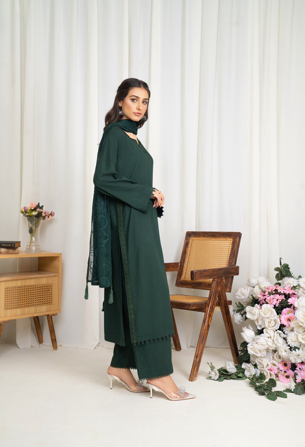 Modest-wear Linen with Multani Embroidered Chiffon Duptha Emerald Green