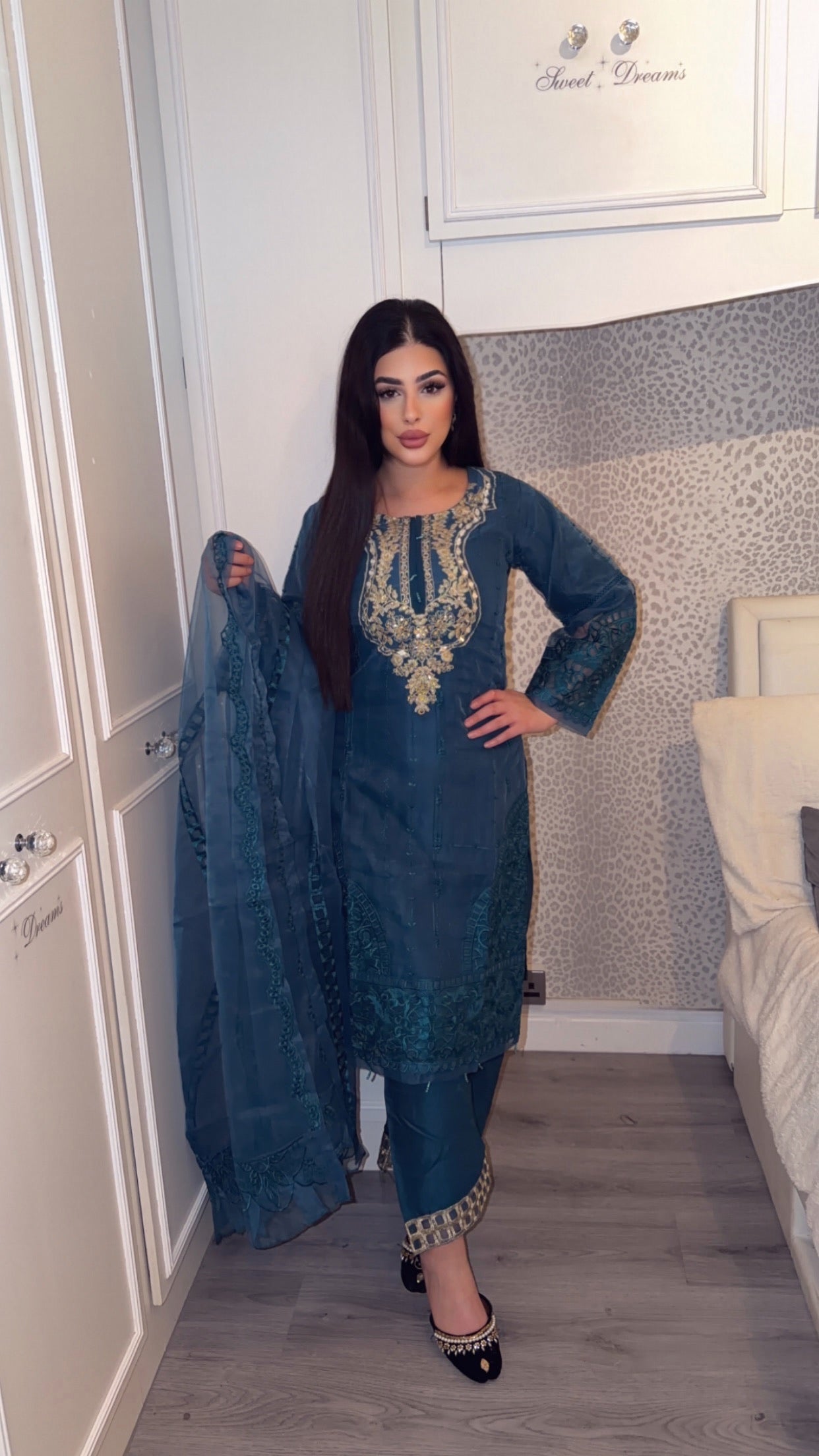 Teal Net Readymade Embroidered Suit