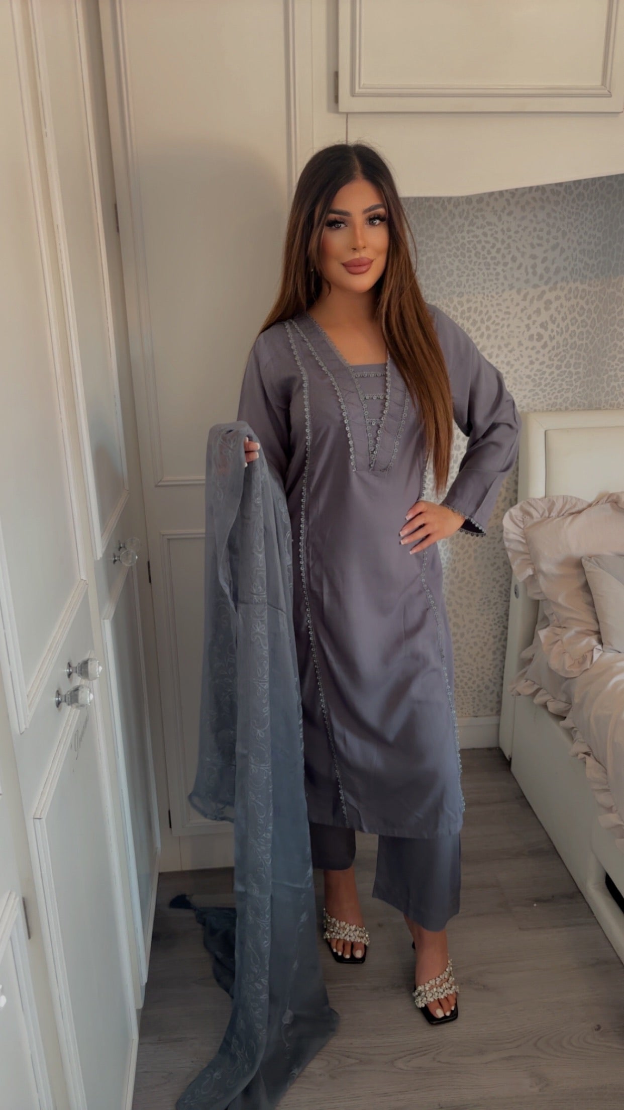 Modest-wear Linen with Multani Embroidered Chiffon Duptha Silver