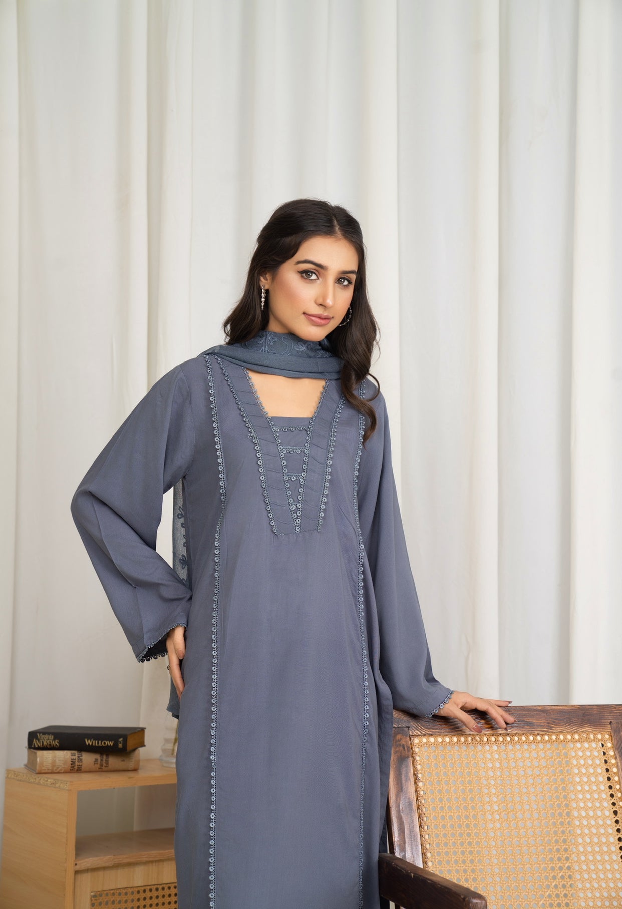 Modest-wear Linen with Multani Embroidered Chiffon Duptha Silver