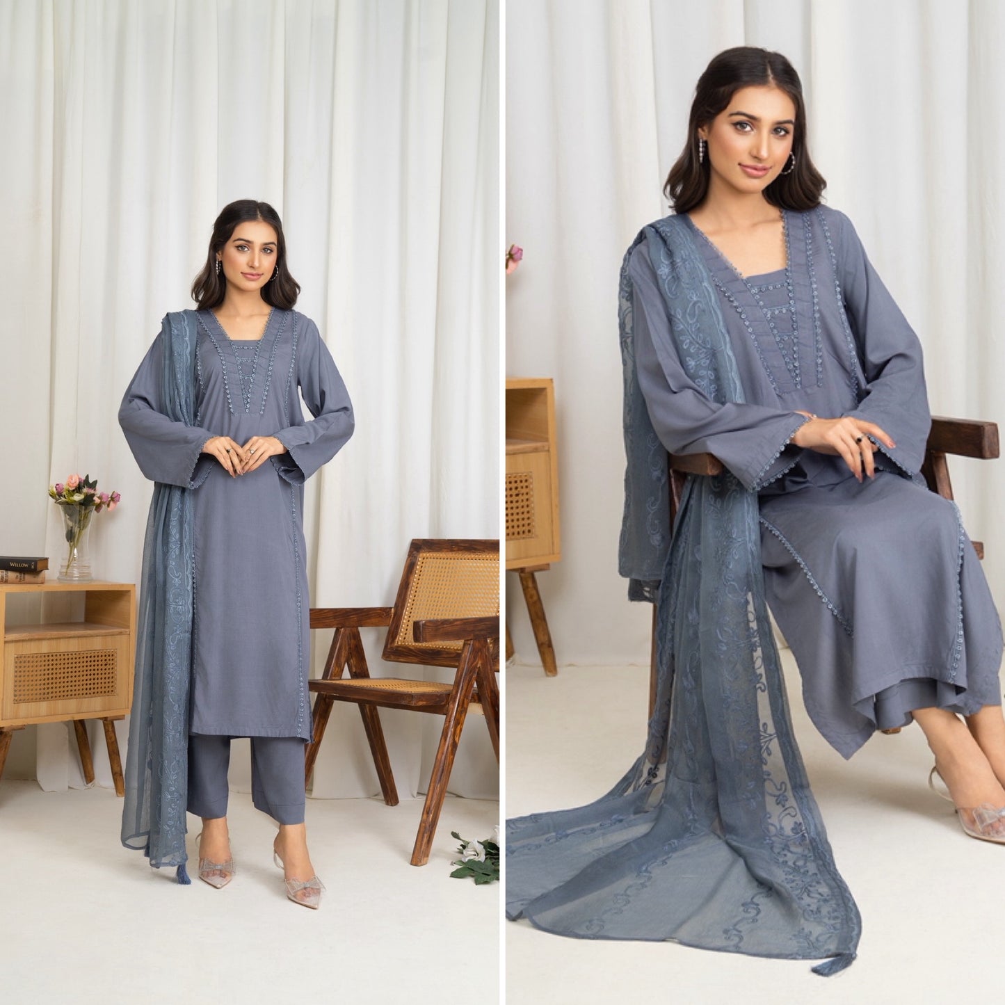 Modest-wear Linen with Multani Embroidered Chiffon Duptha Silver