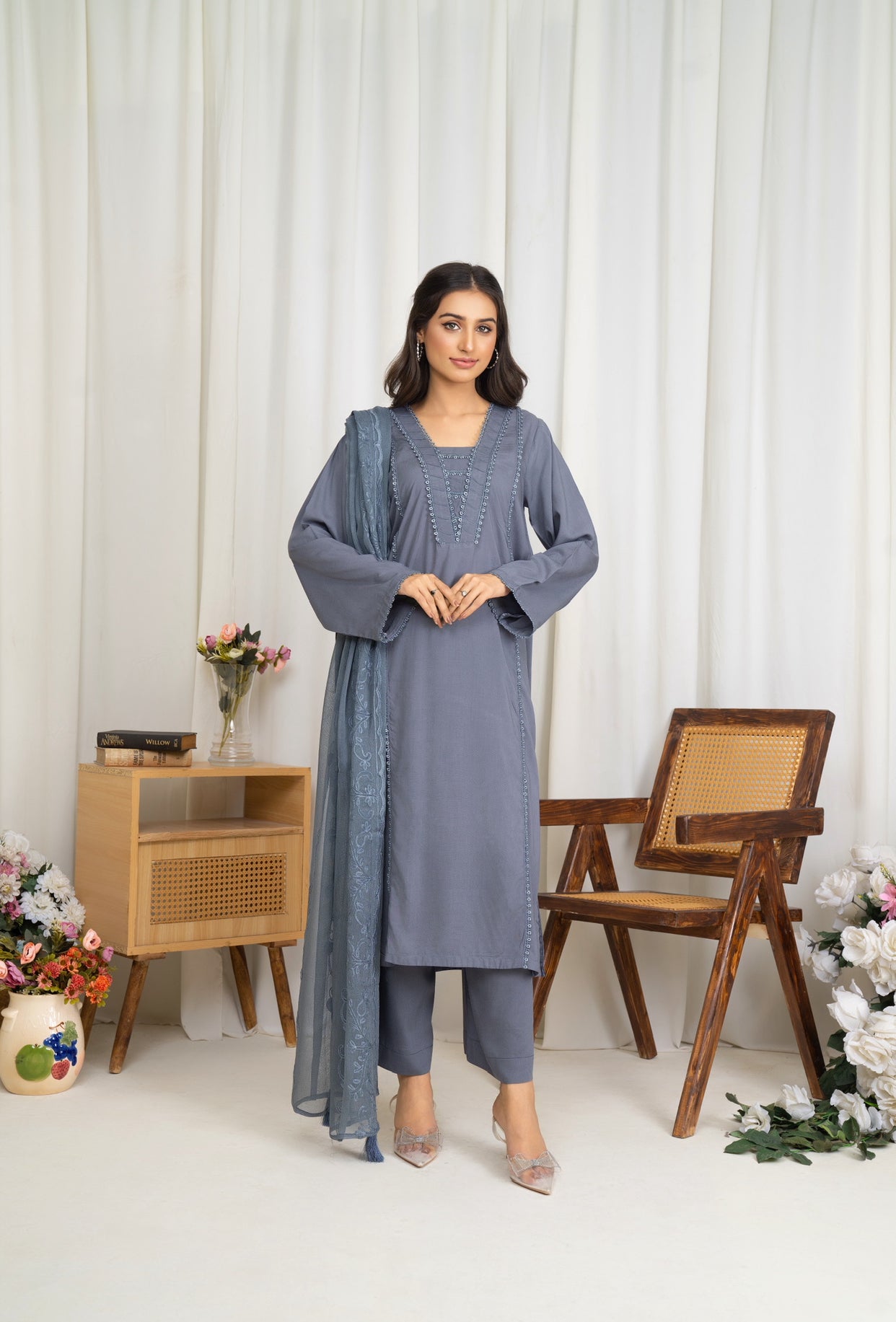 Modest-wear Linen with Multani Embroidered Chiffon Duptha Silver