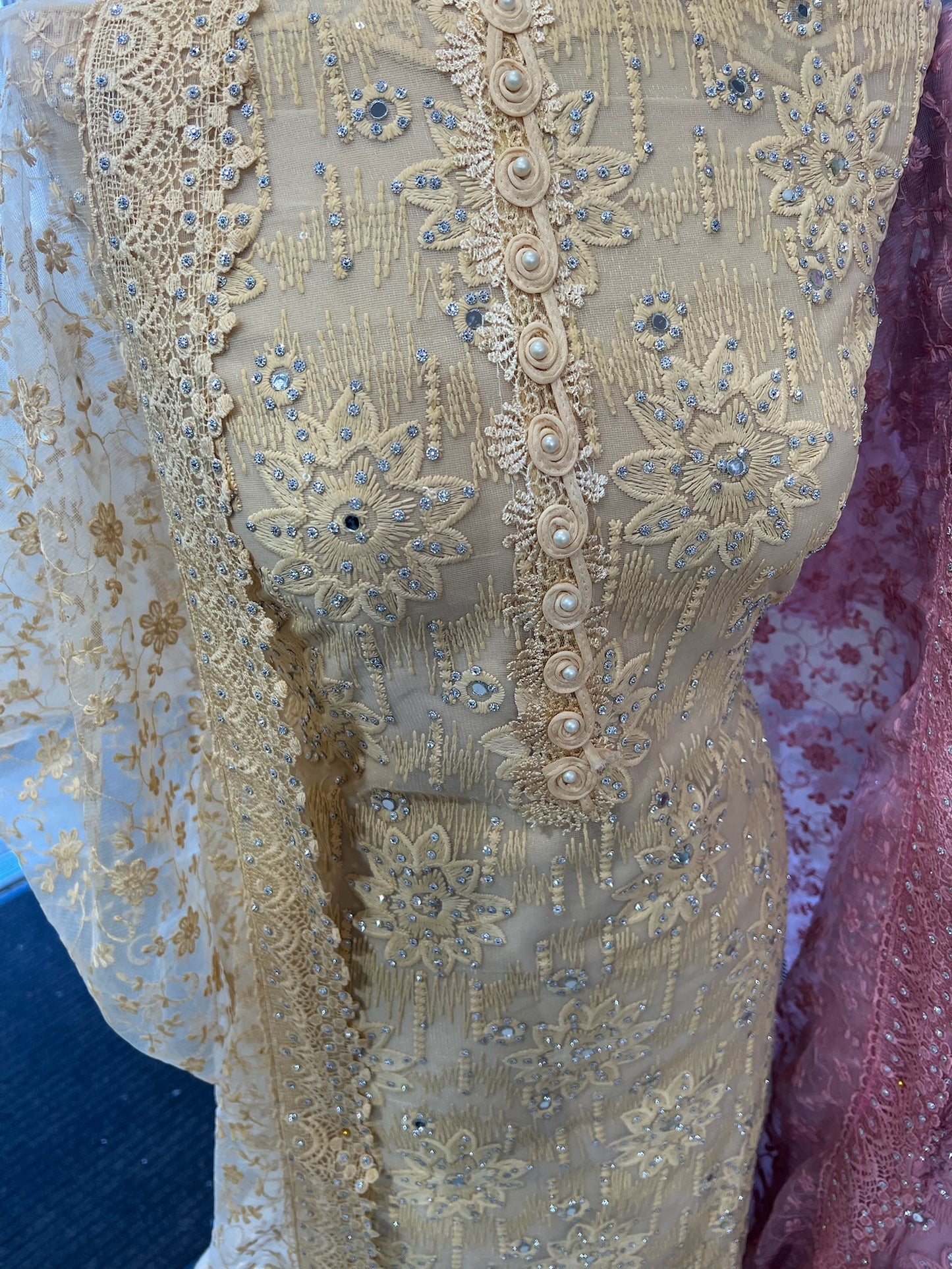 Party‑Wear Net Suits with Lace & Thread‑Embroidered Dupatta