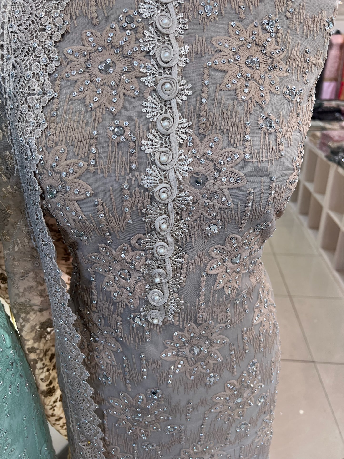 Party‑Wear Net Suits with Lace & Thread‑Embroidered Dupatta