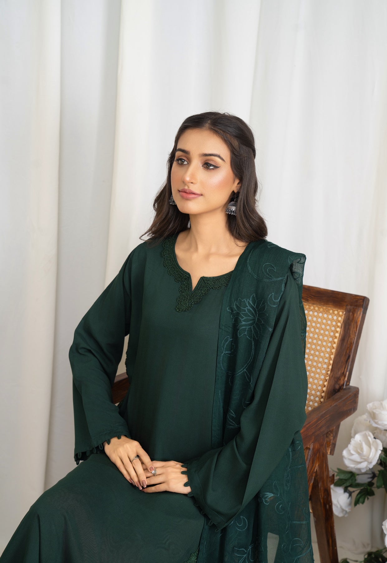Modest-wear Linen with Multani Embroidered Chiffon Duptha Emerald Green