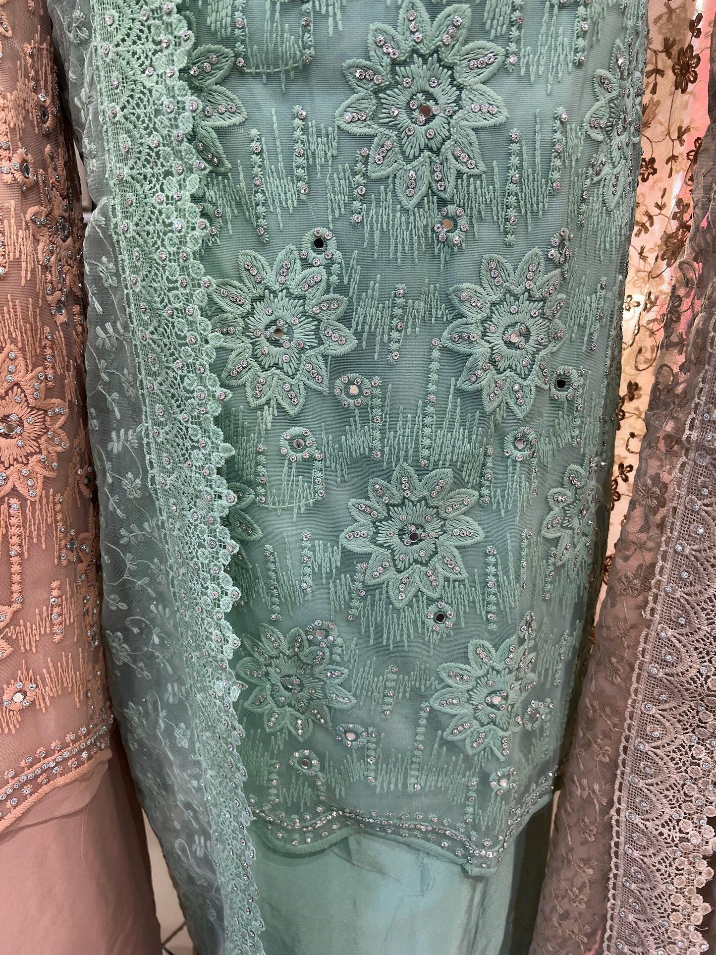 Party‑Wear Net Suits with Lace & Thread‑Embroidered Dupatta