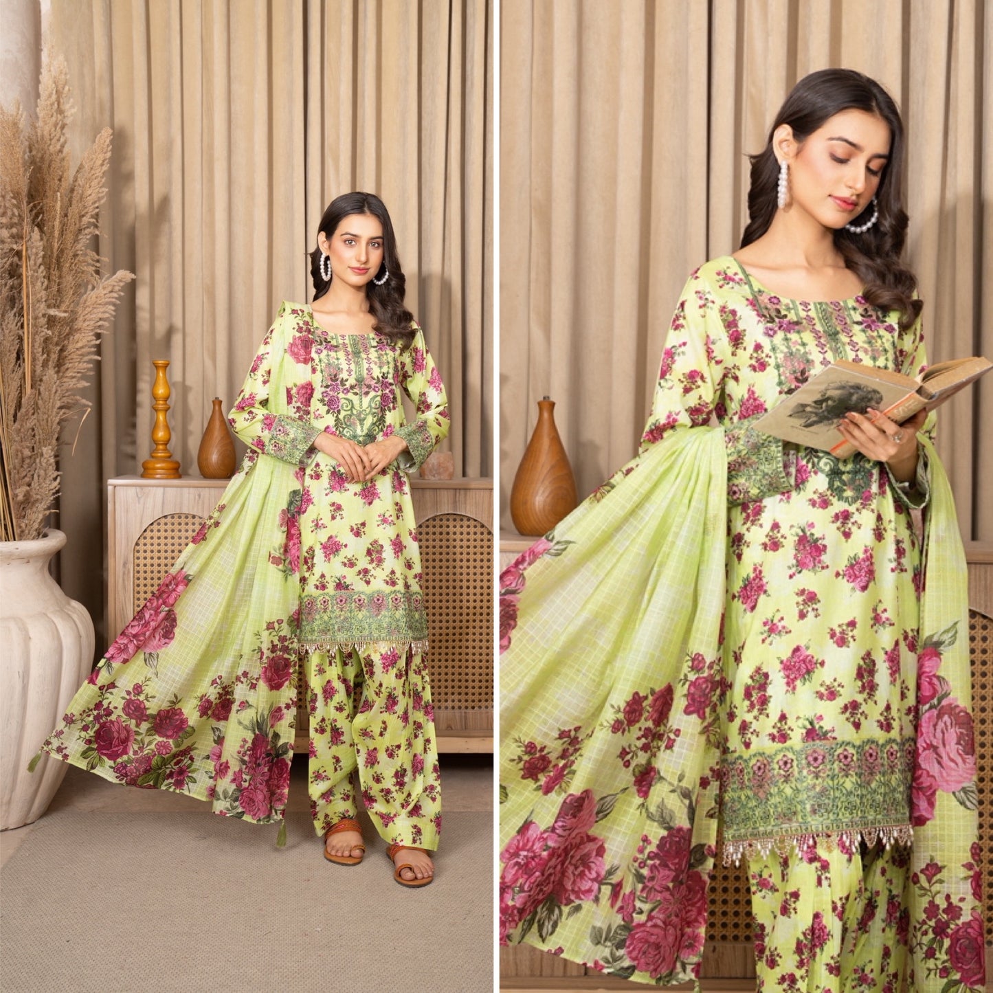 Farashy Shalwar Iznik Inspired Summer/Spring Lawn- Neon Green Floral