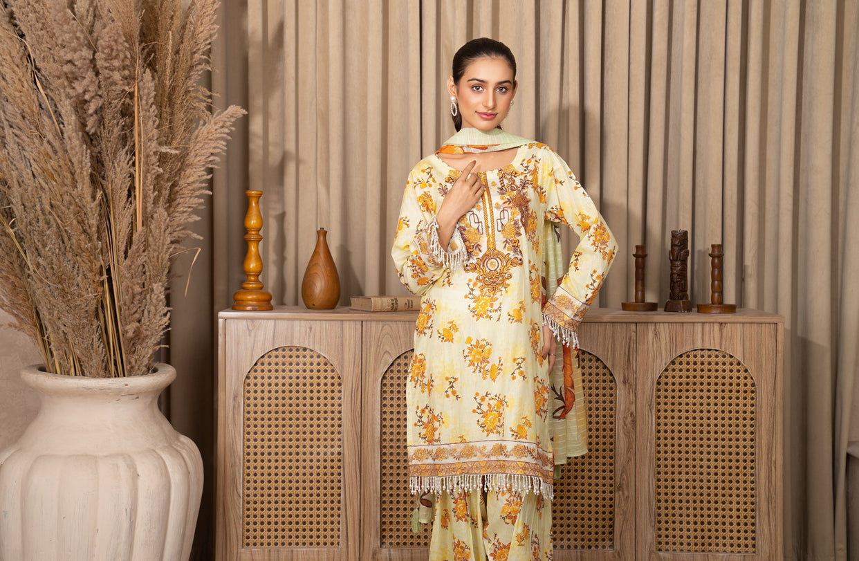 Farashy Shalwar Iznik Inspired Summer/Spring Lawn- Buttermilk Yellow Floral