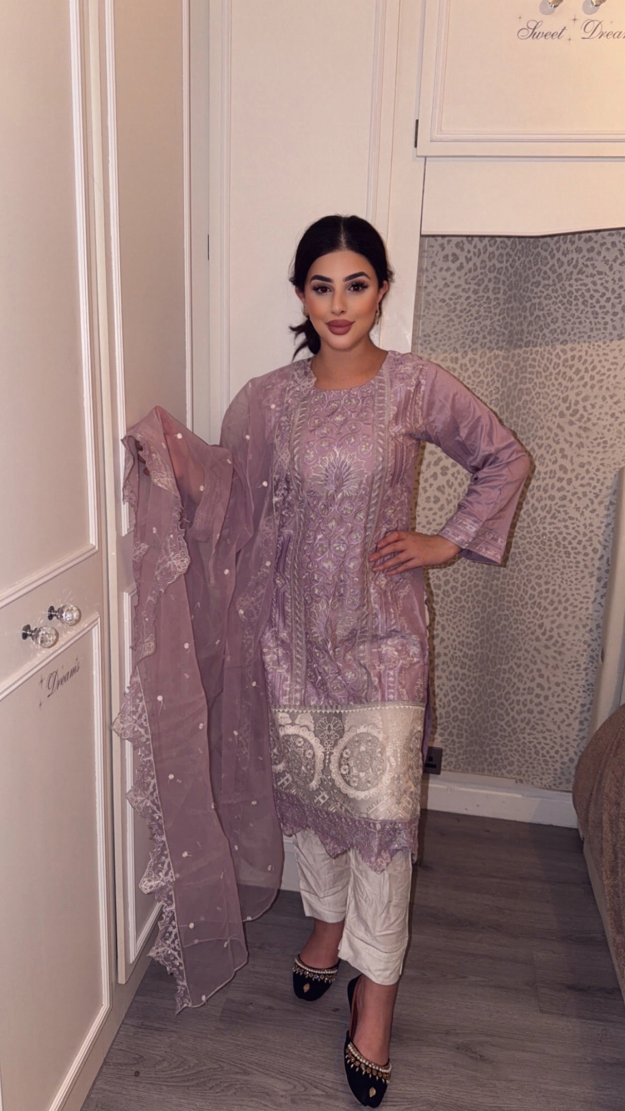 Lilac Viscose Readymade Embroidered Suit