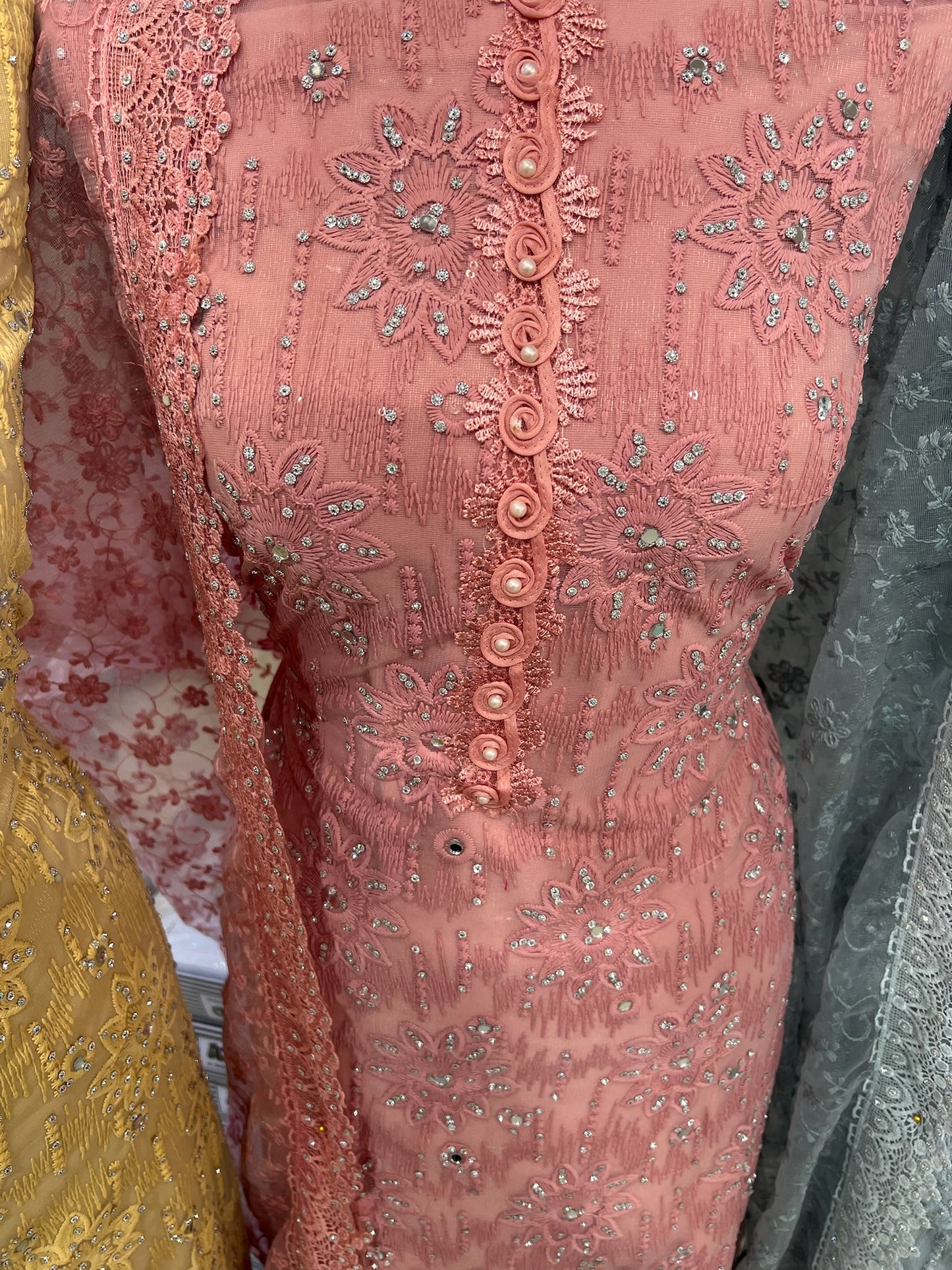 Party‑Wear Net Suits with Lace & Thread‑Embroidered Dupatta