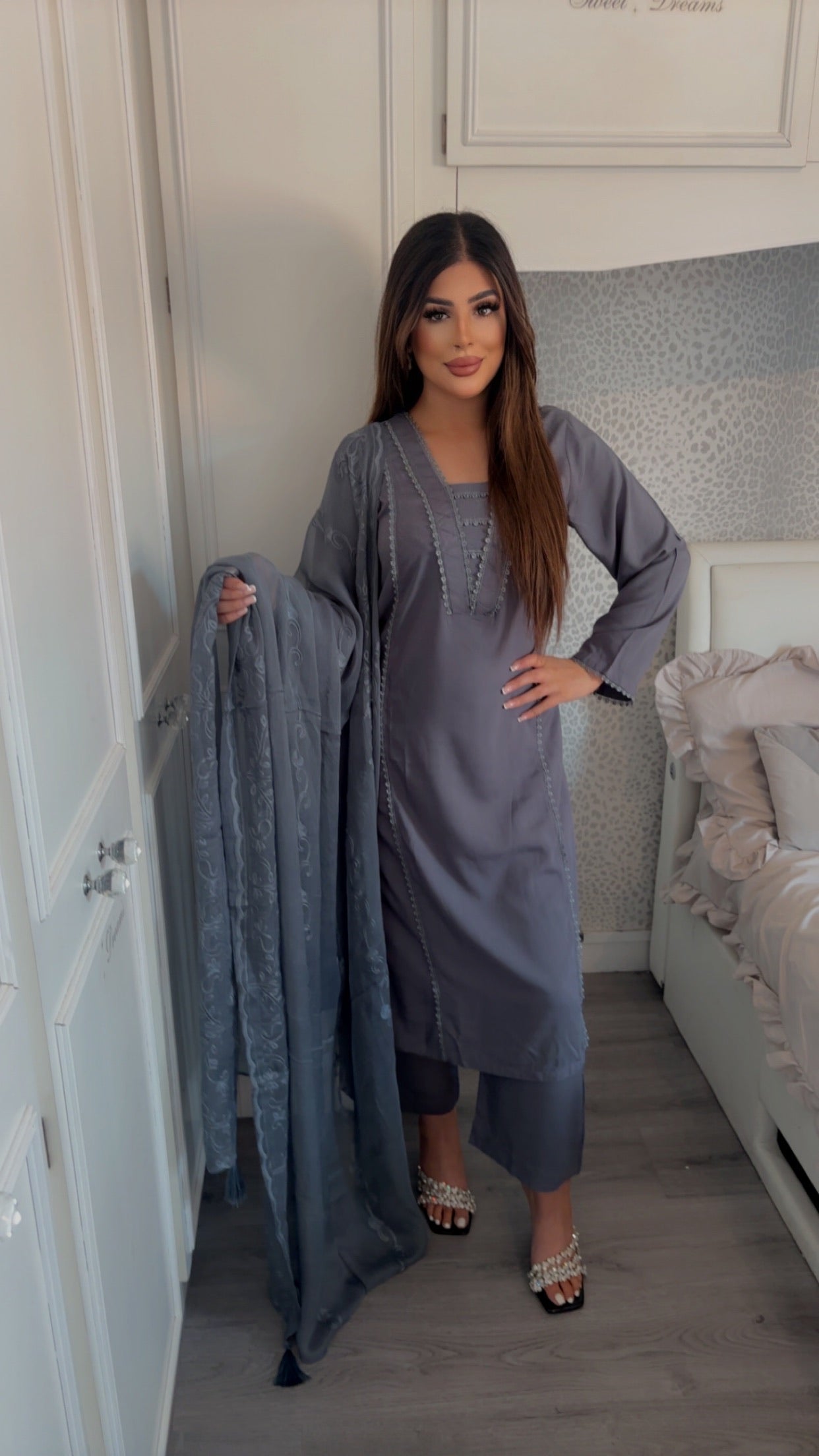 Modest-wear Linen with Multani Embroidered Chiffon Duptha Silver