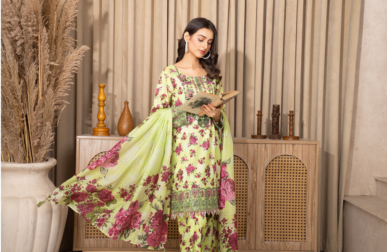 Farashy Shalwar Iznik Inspired Summer/Spring Lawn- Neon Green Floral