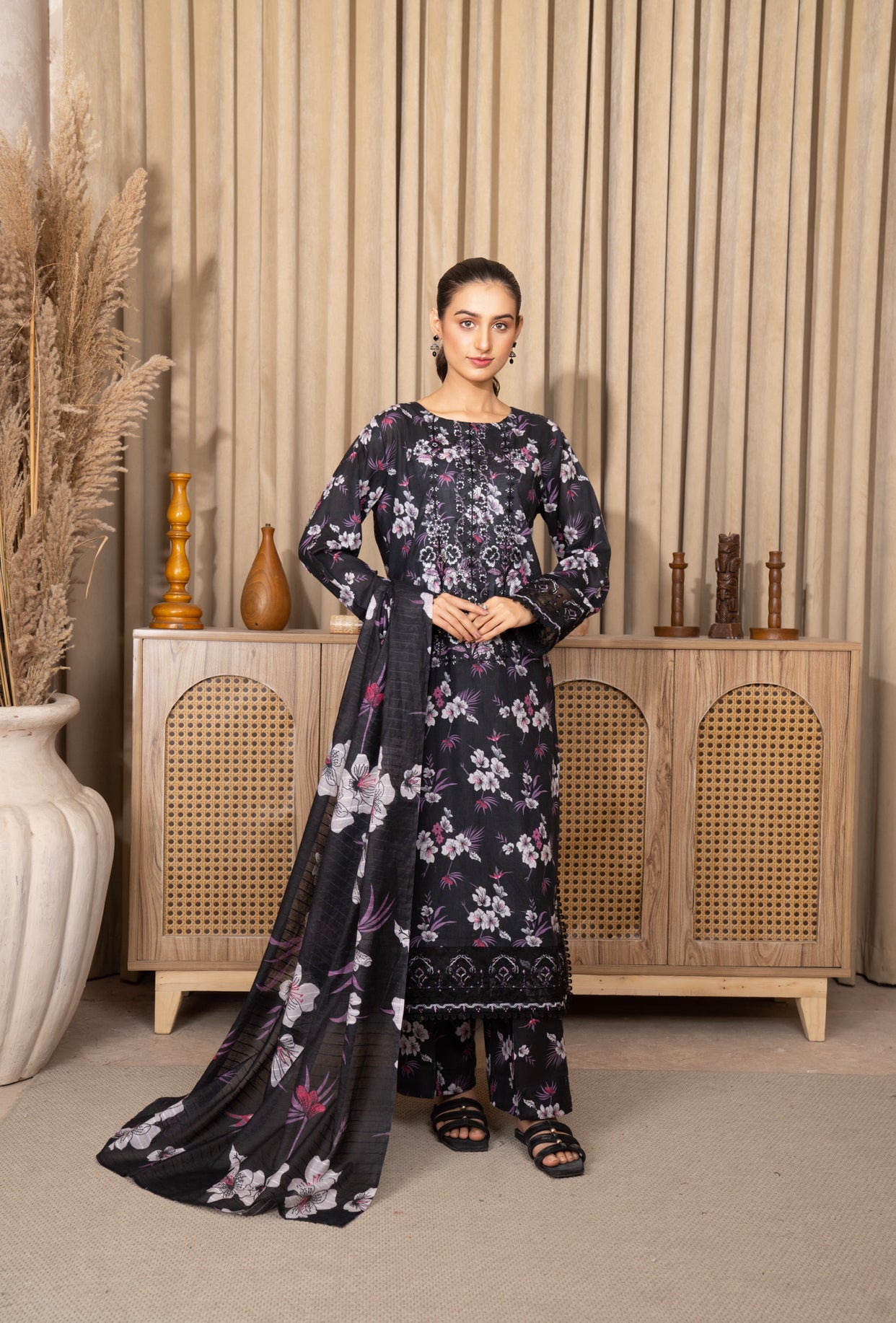 Iznik Inspired Summer/Spring Lawn- Black Floral