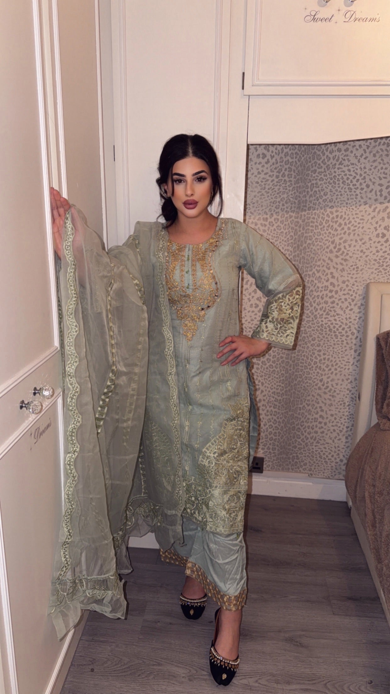 Soft Sage Green Net Readymade Embroidered Suit