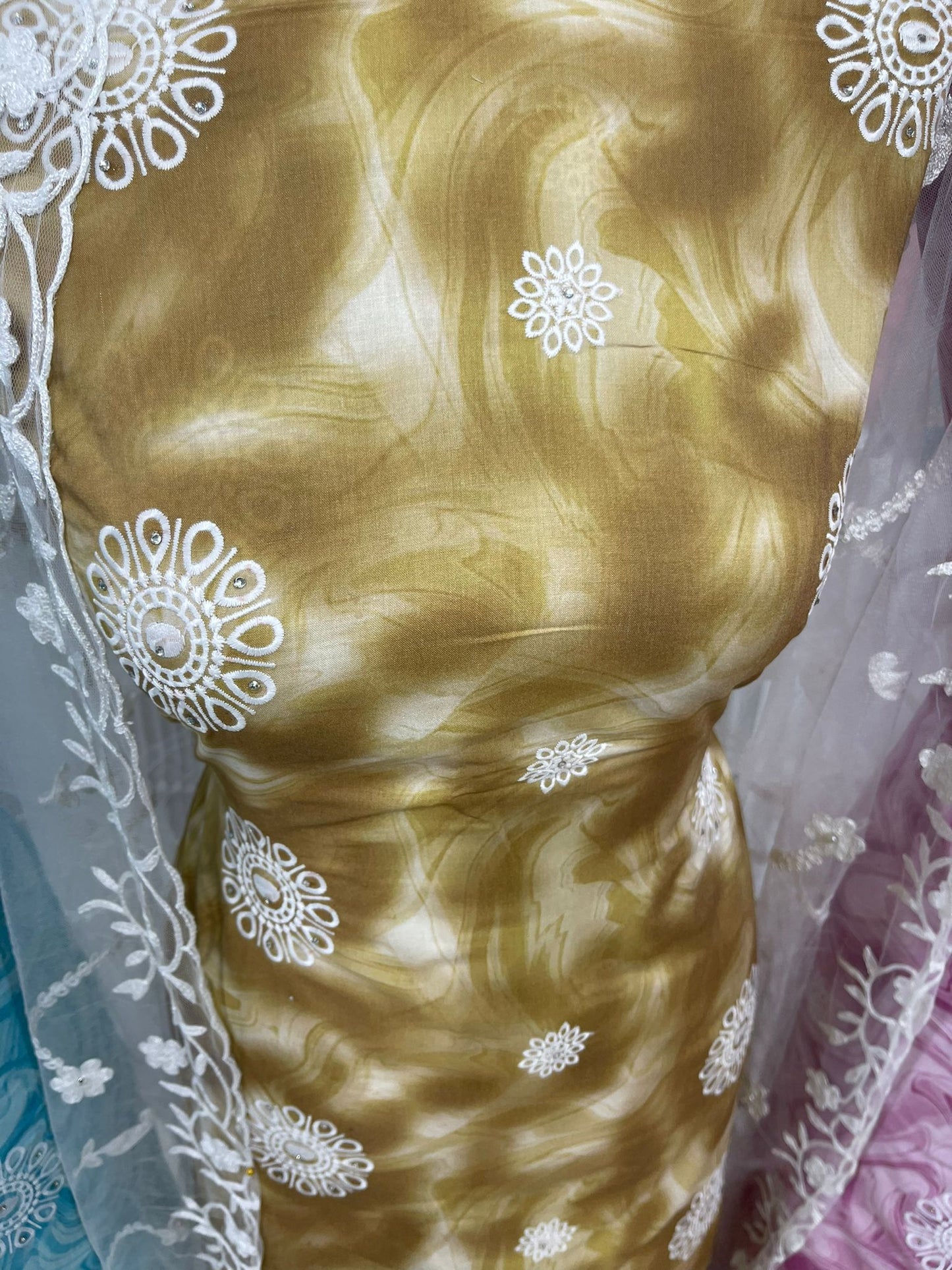 CONTRAST EMBROIDERED COTTON WITH NET DUPATTA