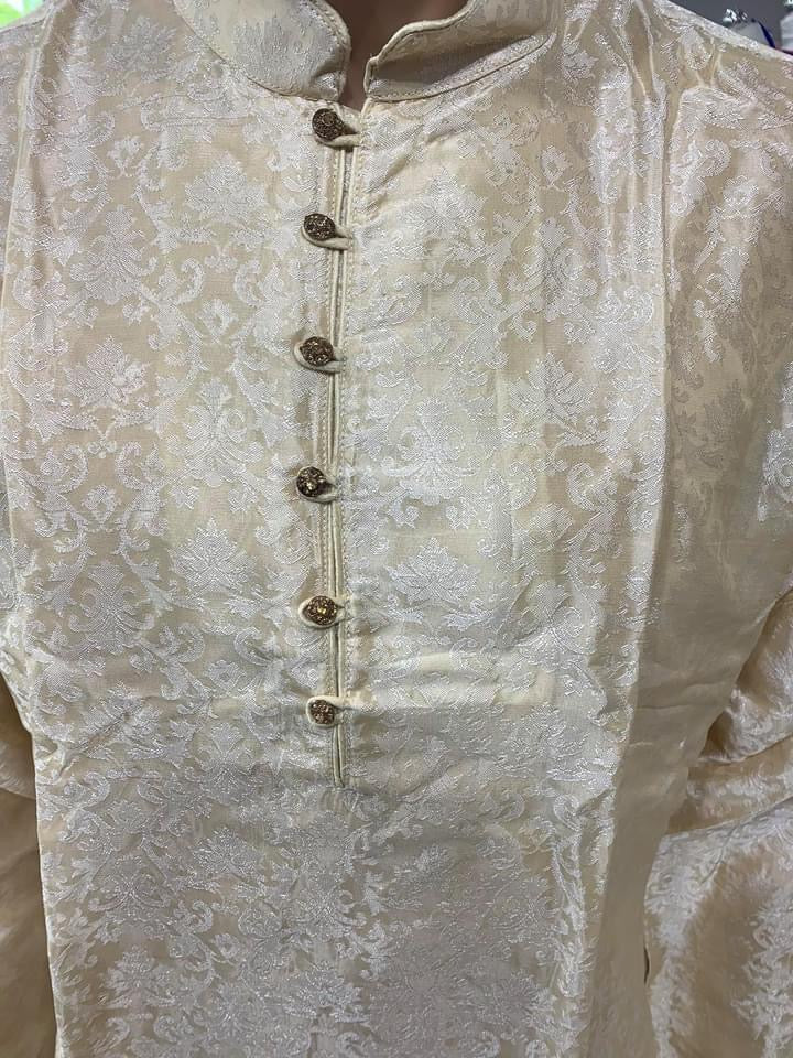 Gold Men's Plain Brocade Kurta Pyjama