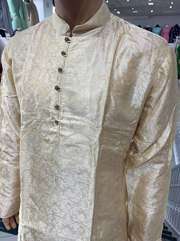 Gold Men's Plain Brocade Kurta Pyjama