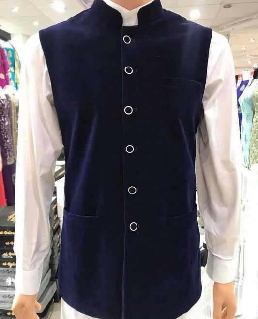 Velvet Men's Waistcoat Navy Plain