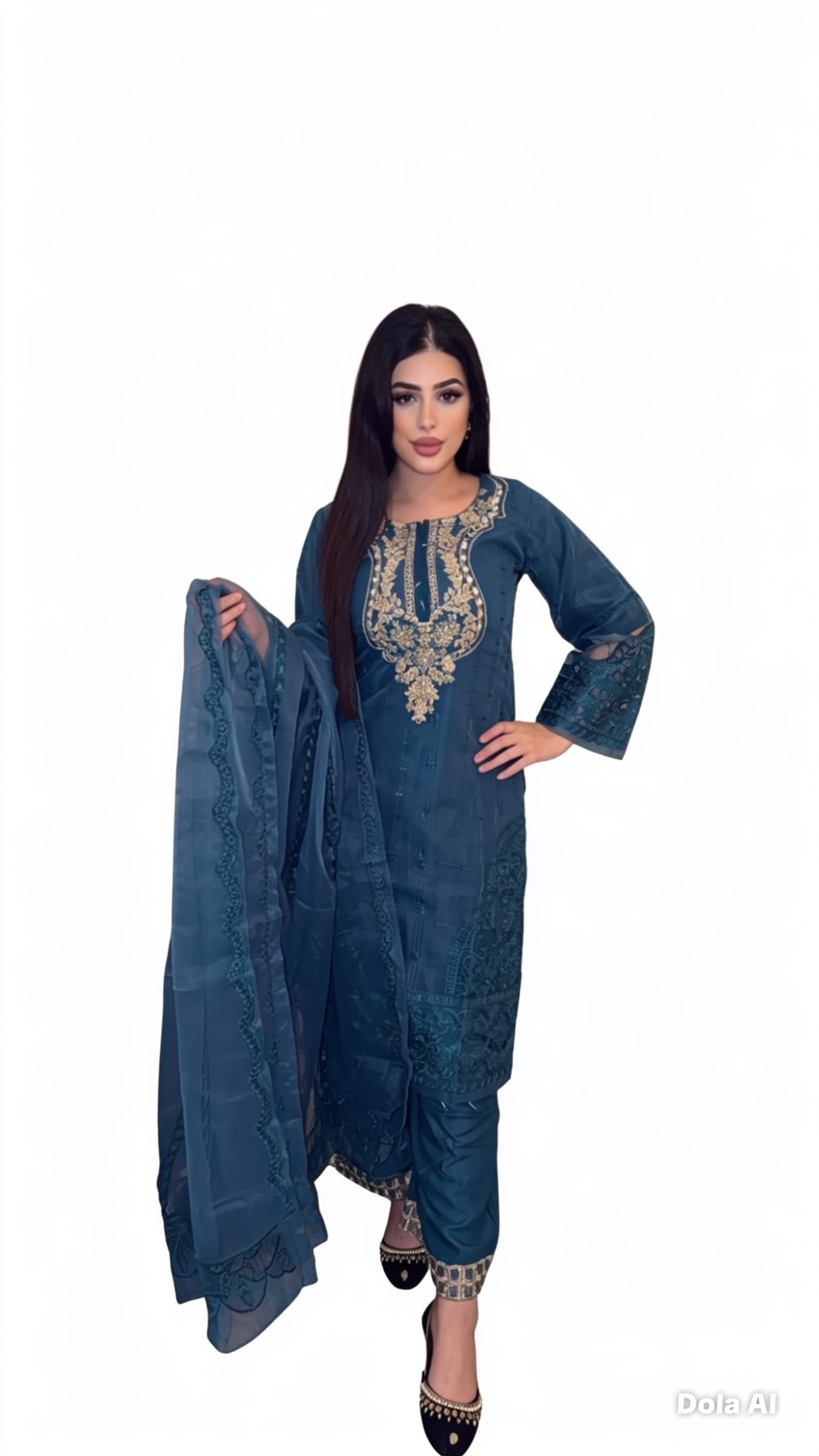 Teal Net Readymade Embroidered Suit